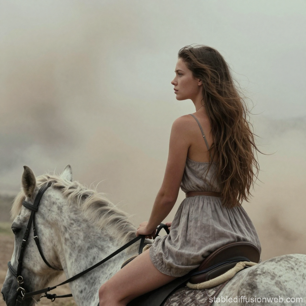 Young Woman Riding a White Horse in a Misty Landscape