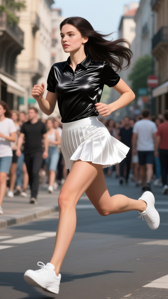 Young Woman Running Energetically on a Busy European Street