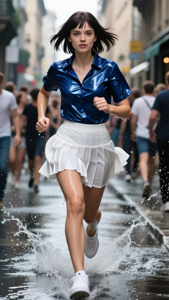 Young Woman Running Through City Street Puddle