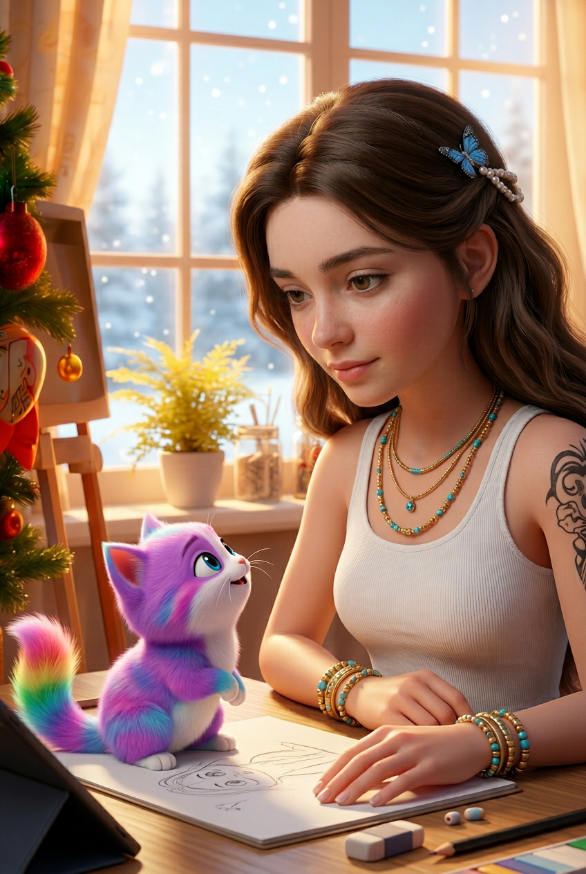 Young Woman Sketching with a Colorful Cartoon Cat in Cozy Winter Room