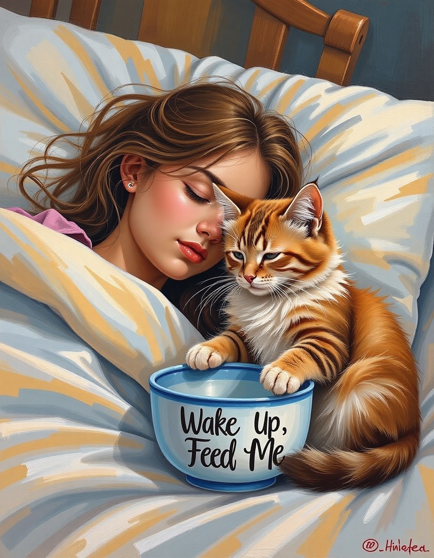Young Woman Sleeping with Cat and Feeding Bowl