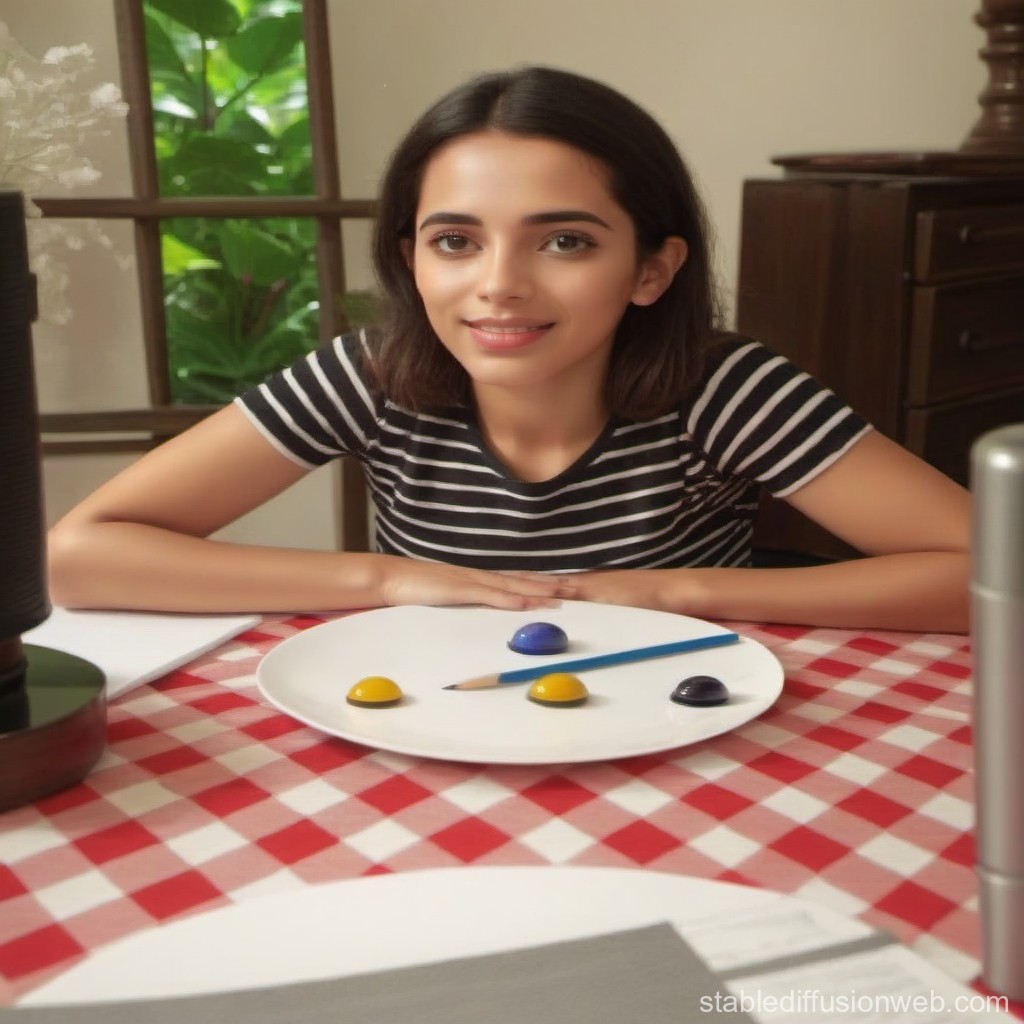 Young Woman Smiling at Table with Art Supplies