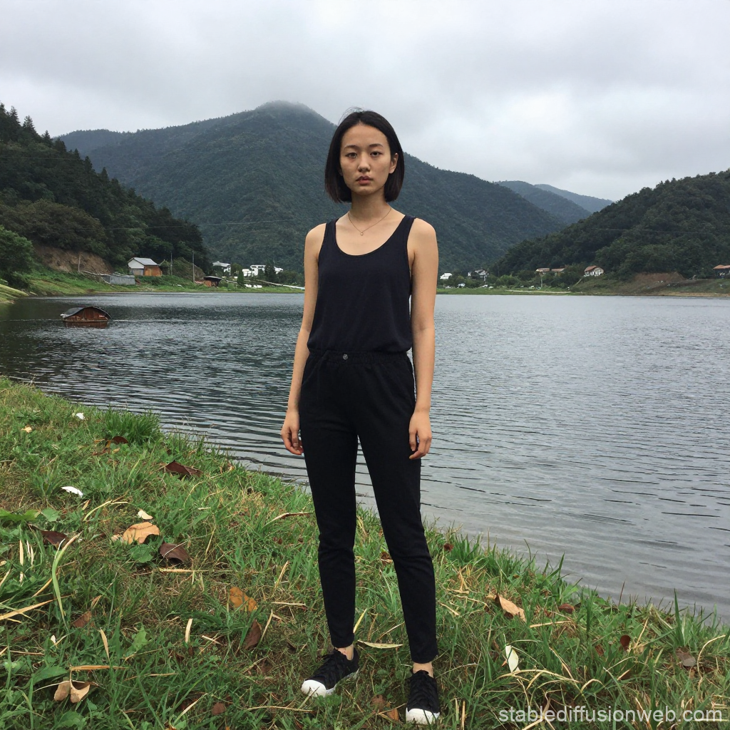 Young Woman Standing by a Serene Mountain Lake