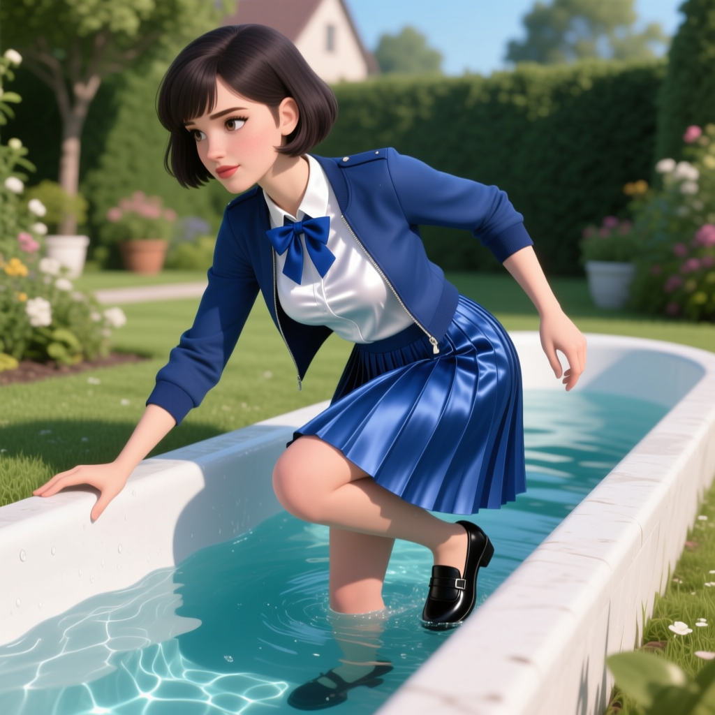 Young Woman Stepping into Garden Water Channel