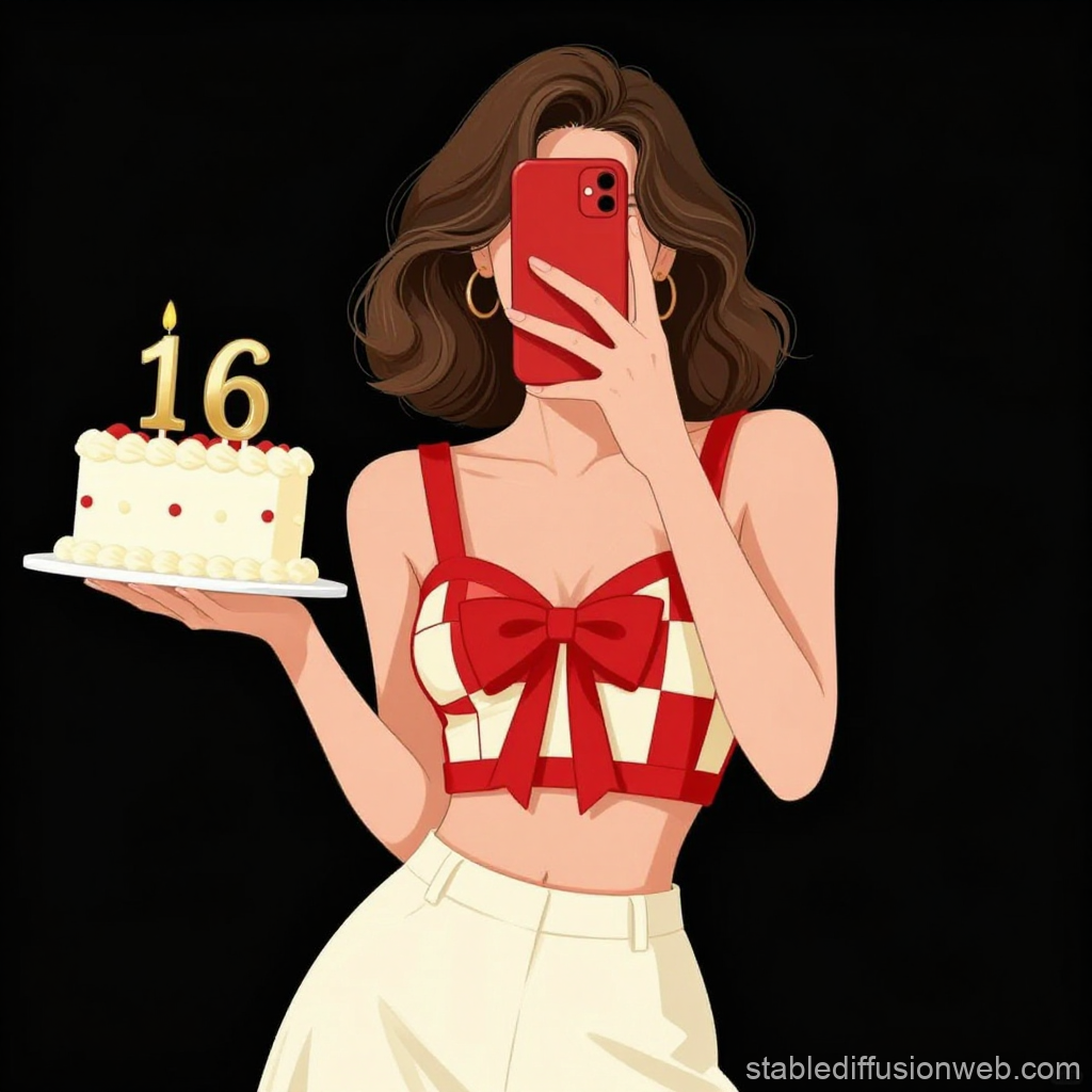 Young Woman Taking Birthday Selfie with Cake