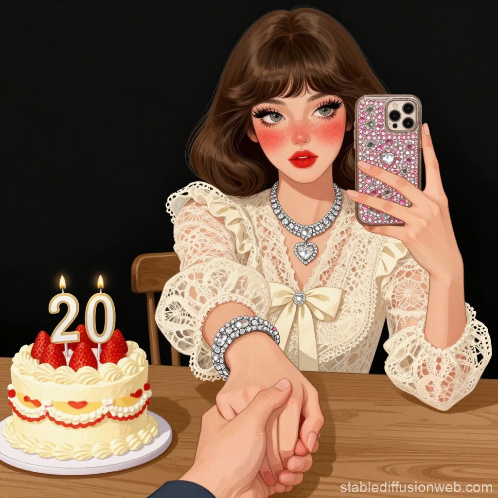 Young Woman Taking Selfie Holding Hands at 20th Birthday Celebration
