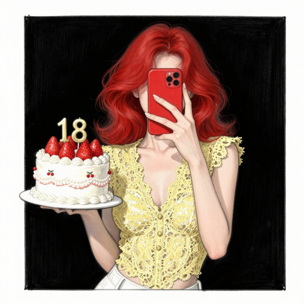 Young Woman Taking Selfie with 18th Birthday Strawberry Cake