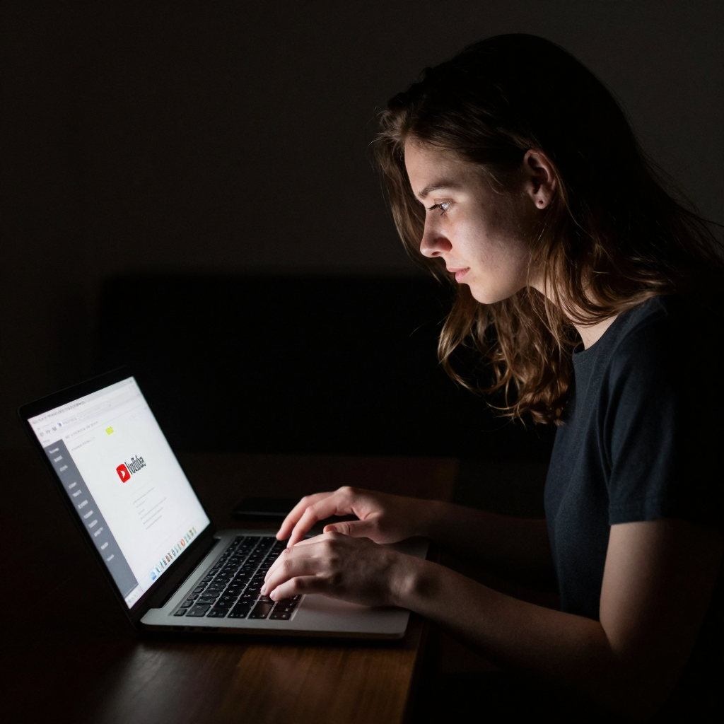 Young Woman Using Laptop in Dimly Lit Room