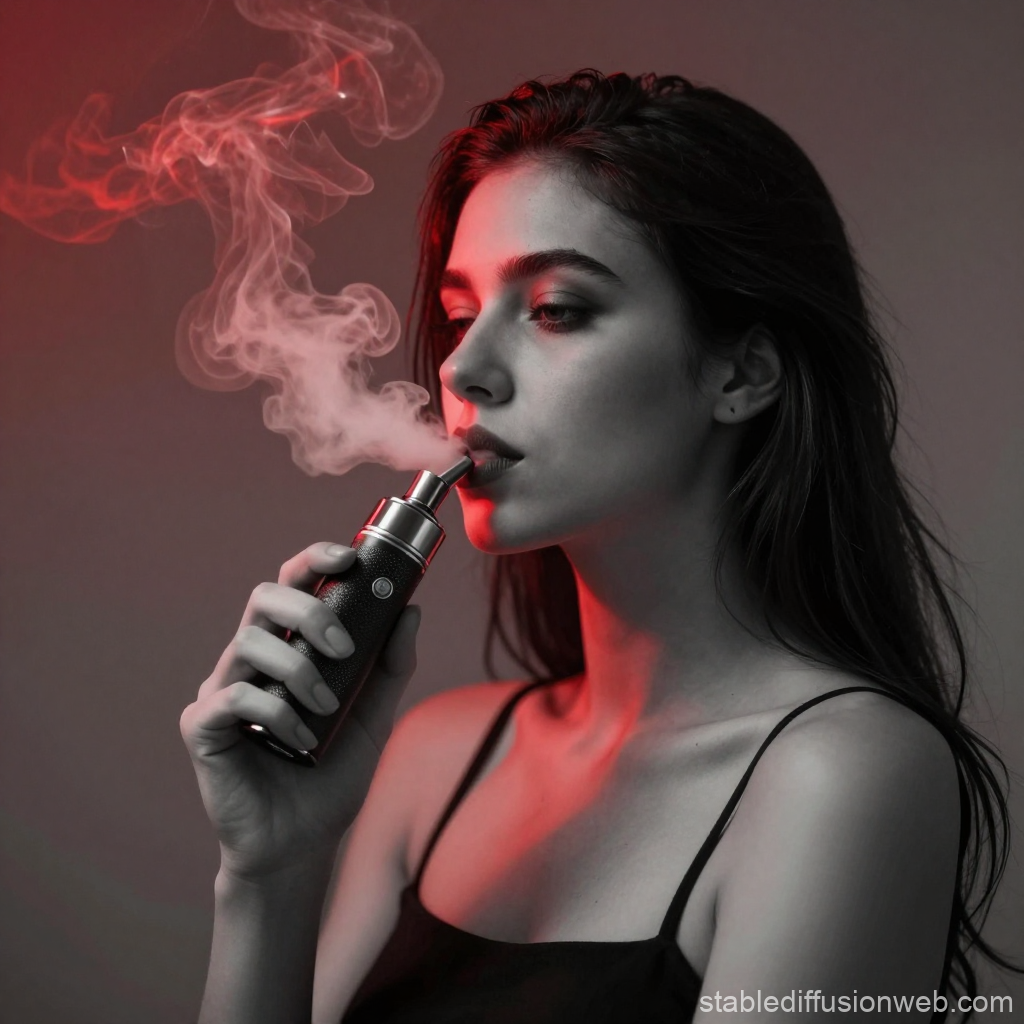 Young Woman Vaping with Red Light Accent