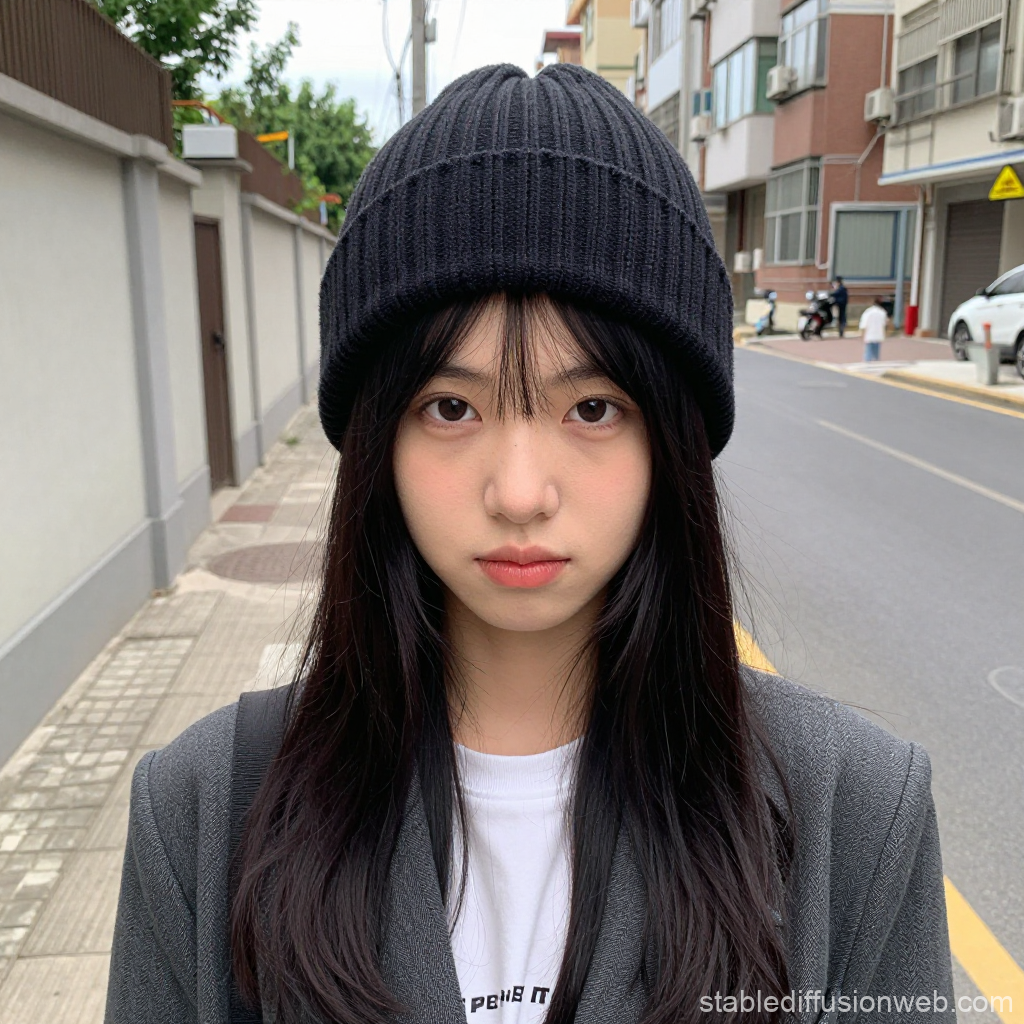 Young Woman Wearing Black Beanie on Urban Street