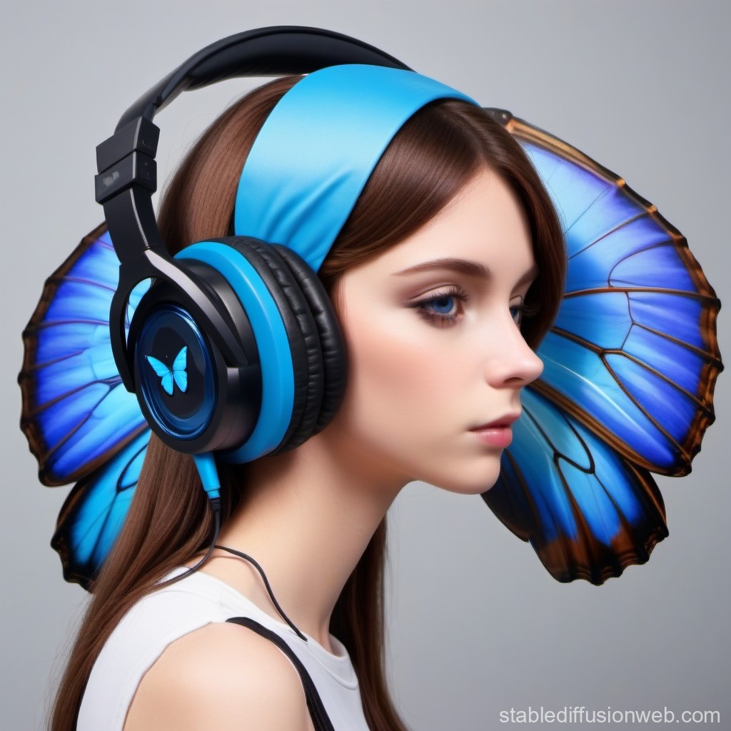Young Woman Wearing Blue Butterfly-Themed Headphones