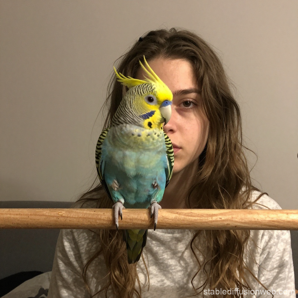 Young Woman with Colorful Budgerigar on Perch