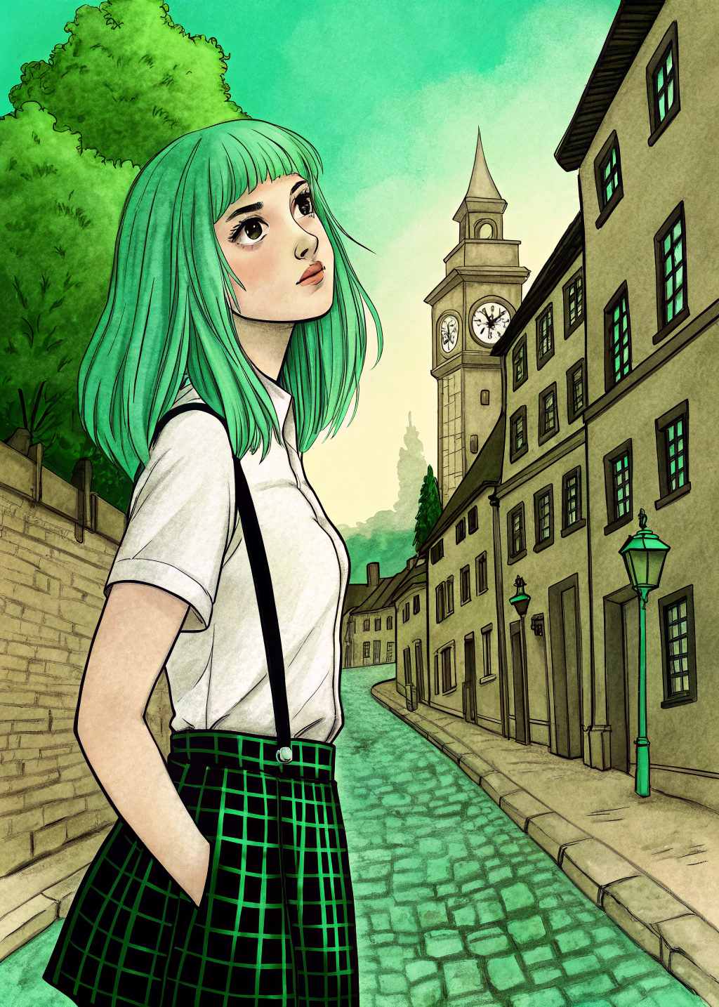 Young Woman with Green Hair on a Cobblestone Street