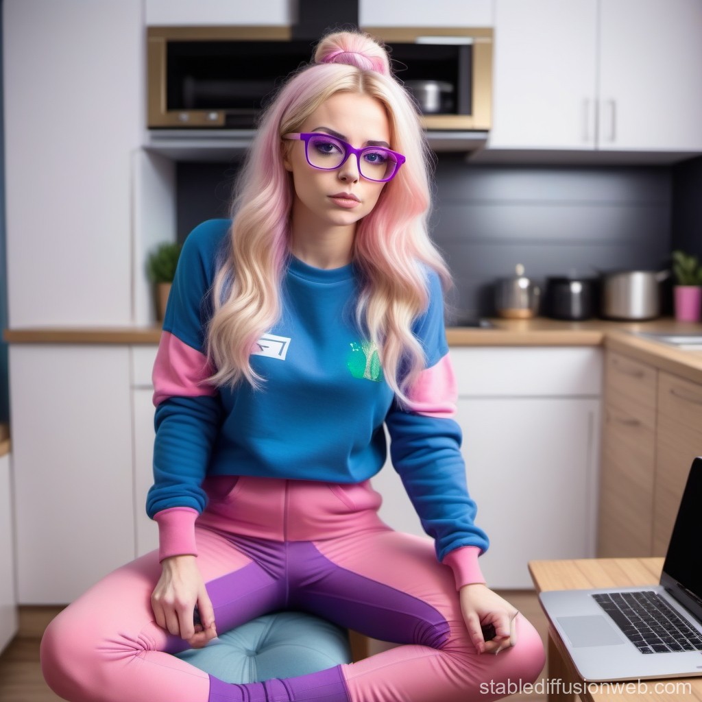 Young Woman with Pink Hair and Purple Glasses in Modern Kitchen