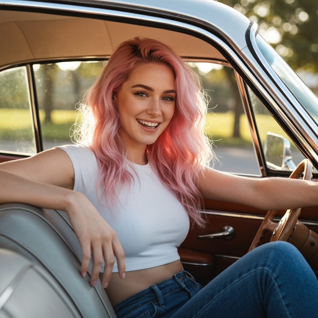 Young Woman with Pink Hair Smiling in Vintage Car