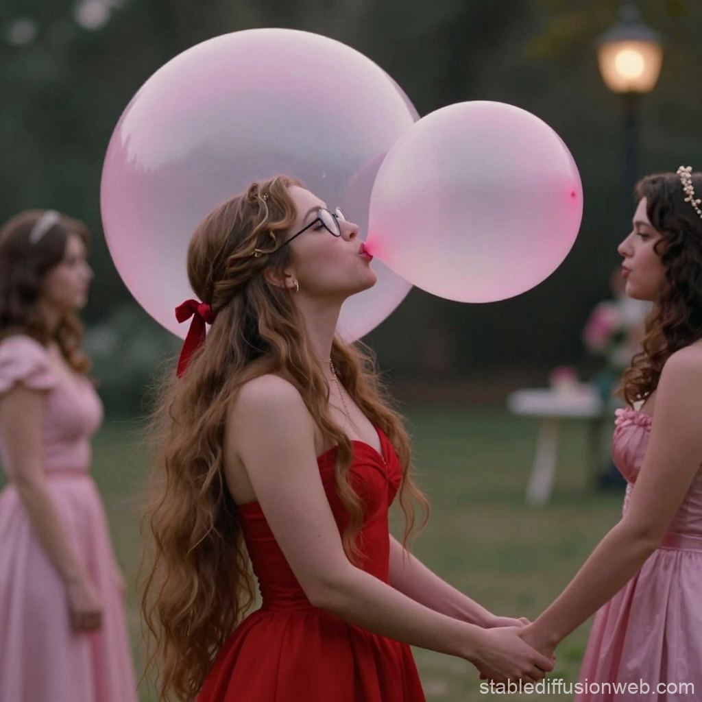 Young Women Blowing Bubblegum Bubbles in Elegant Dresses