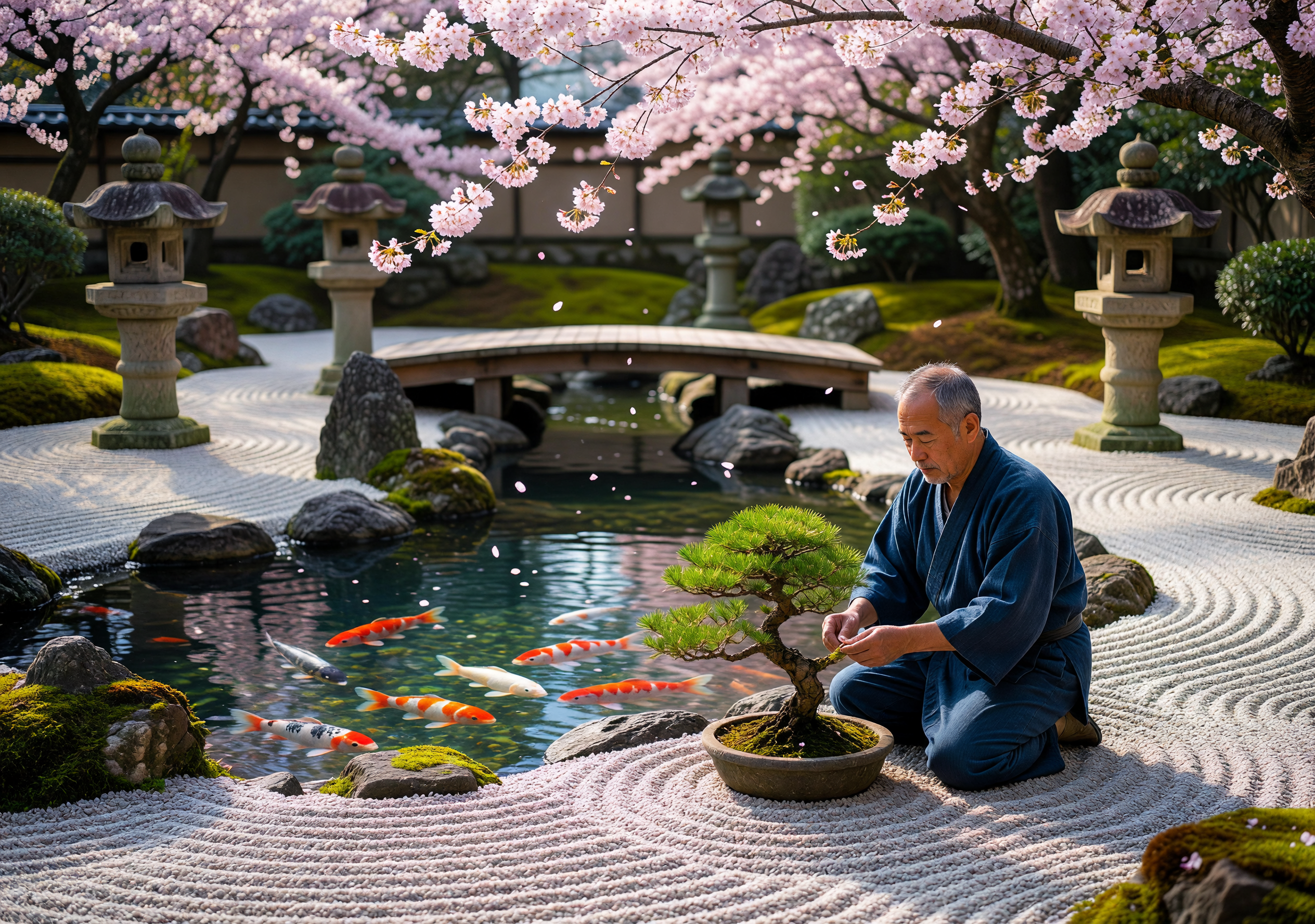 Zen Garden with Bonsai and Koi Pond under Cherry Blossoms