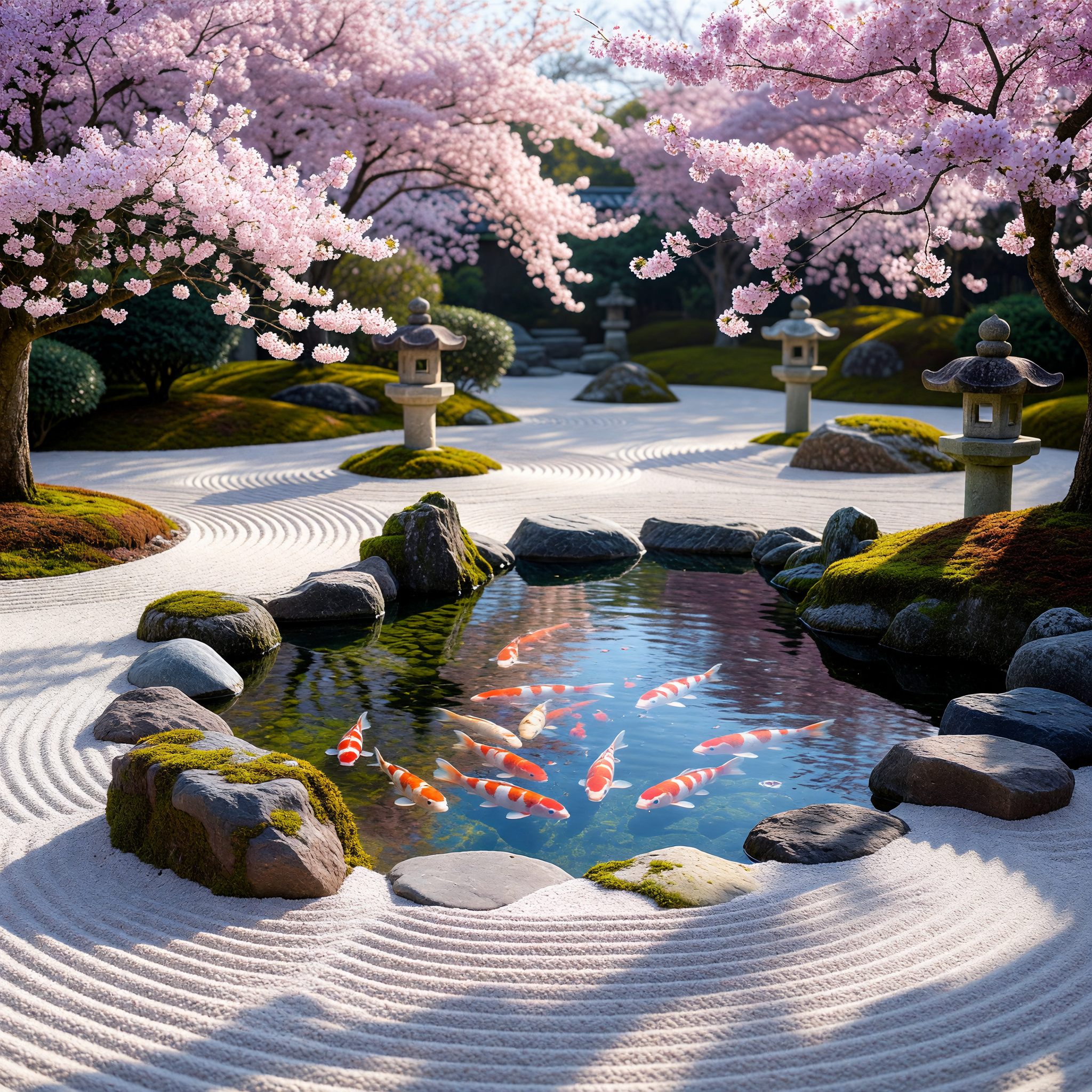Zen Garden with Koi Pond and Cherry Blossoms