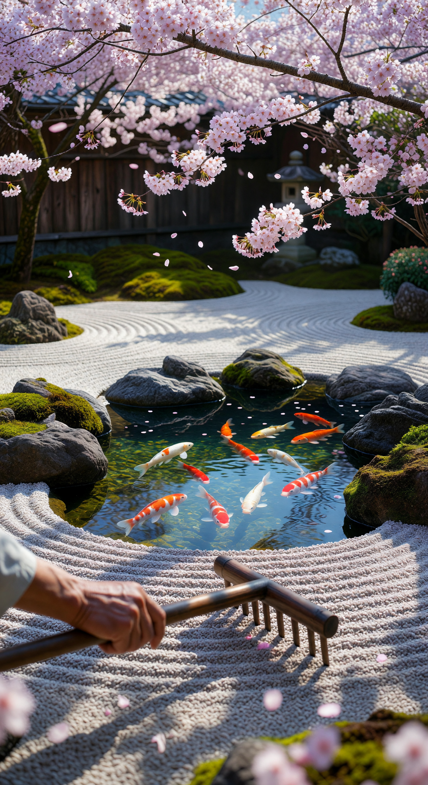 Zen Garden with Koi Pond and Cherry Blossoms