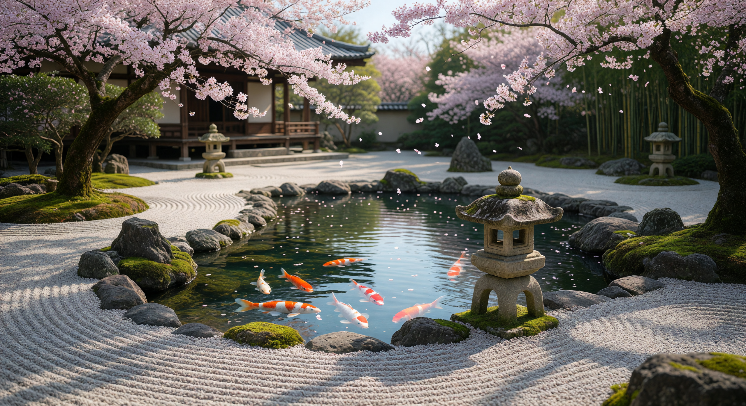 Zen Garden with Koi Pond and Cherry Blossoms