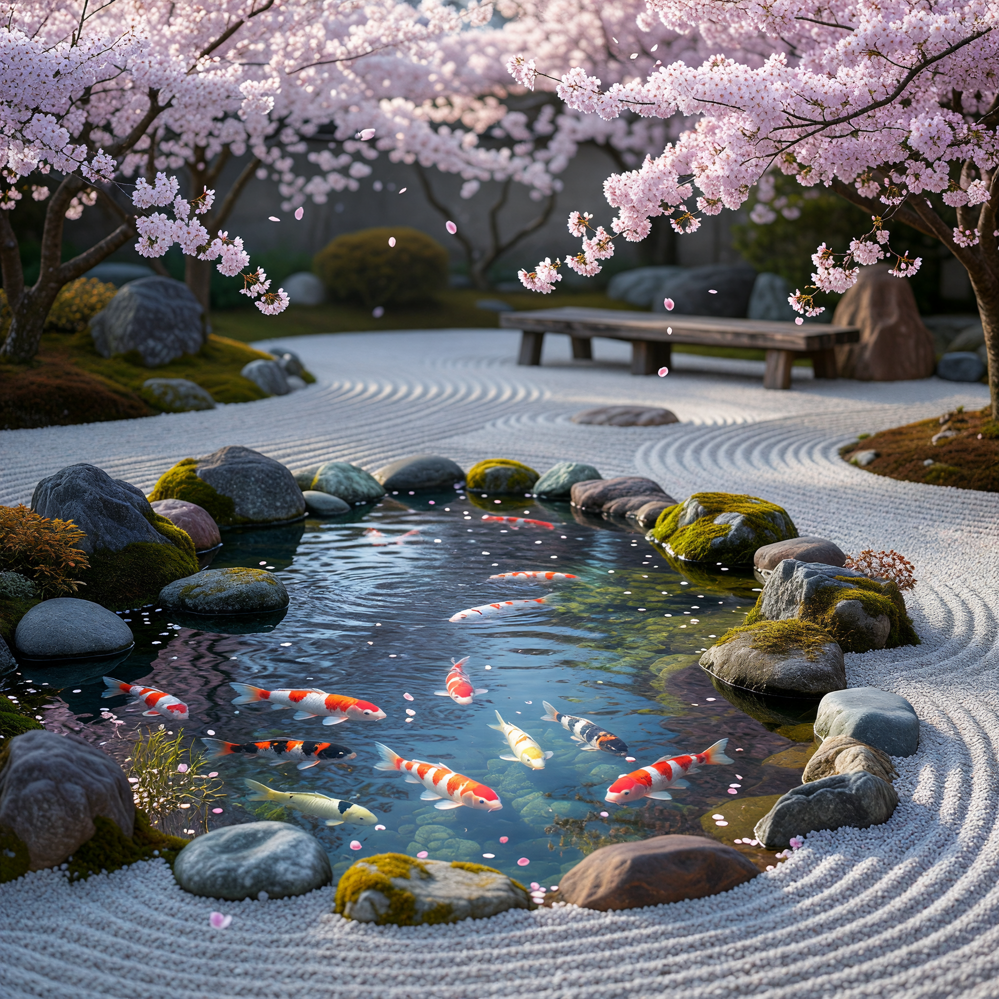 Zen Garden with Koi Pond and Cherry Blossoms