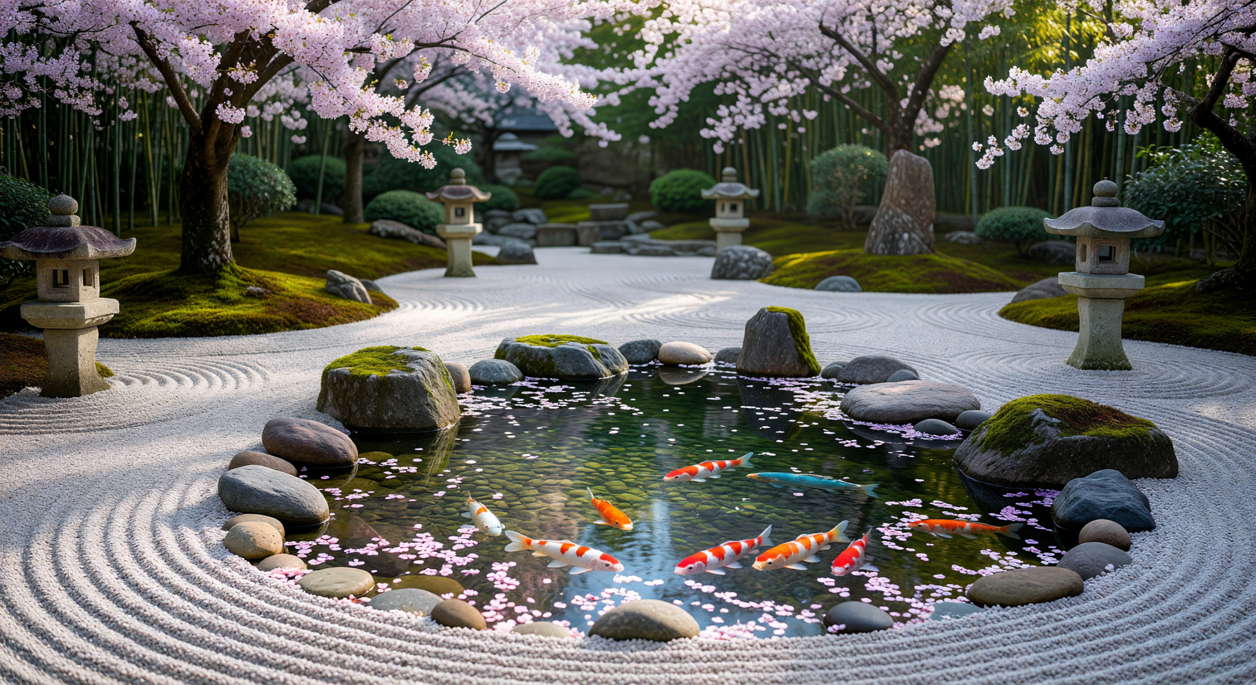 Zen Garden with Koi Pond and Cherry Blossoms