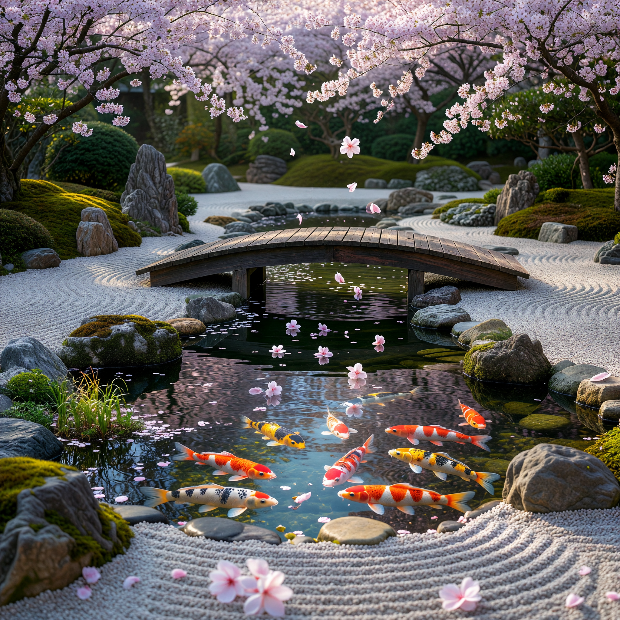 Zen Garden with Koi Pond and Cherry Blossoms