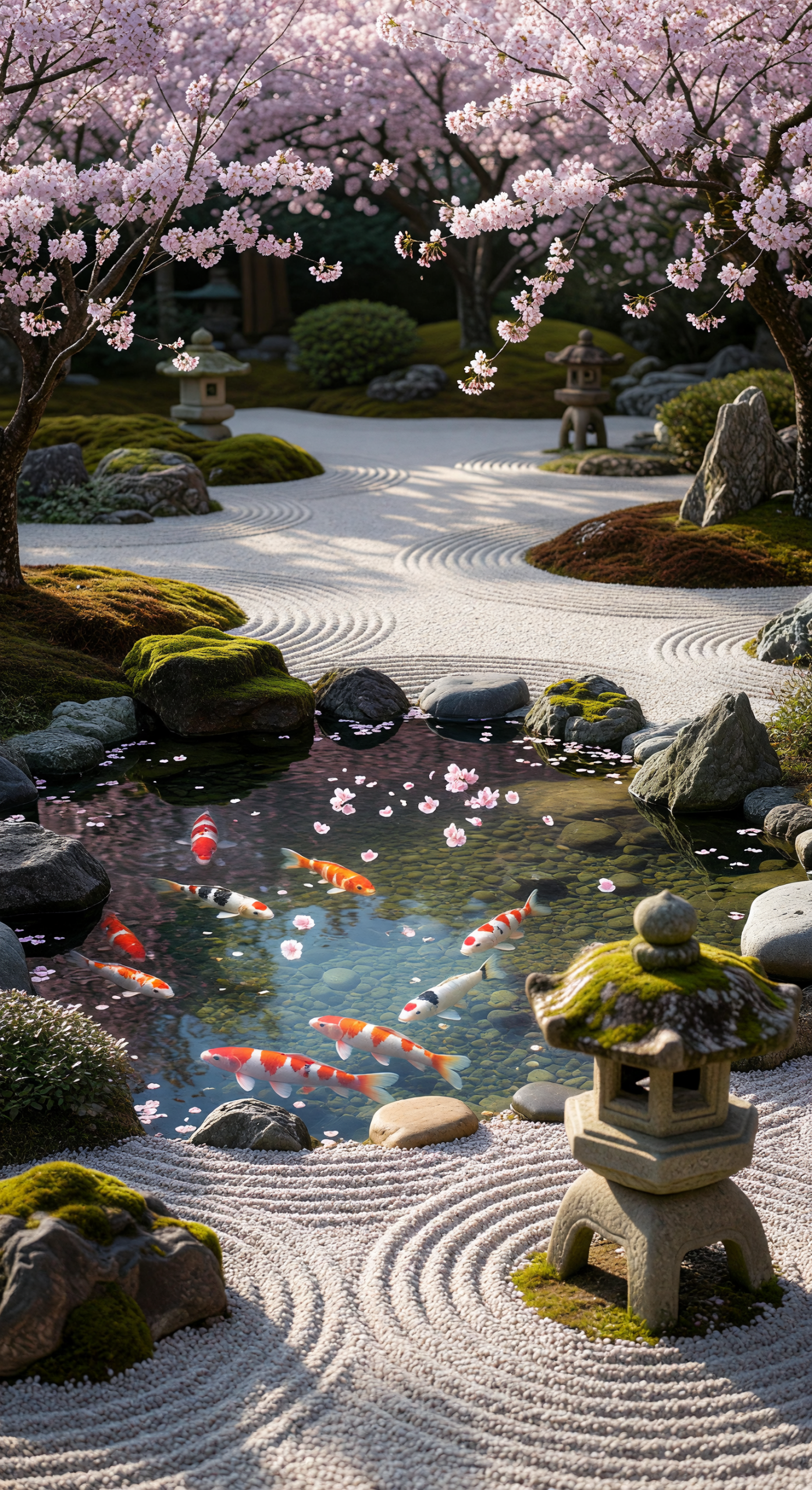 Zen Garden with Koi Pond and Cherry Blossoms