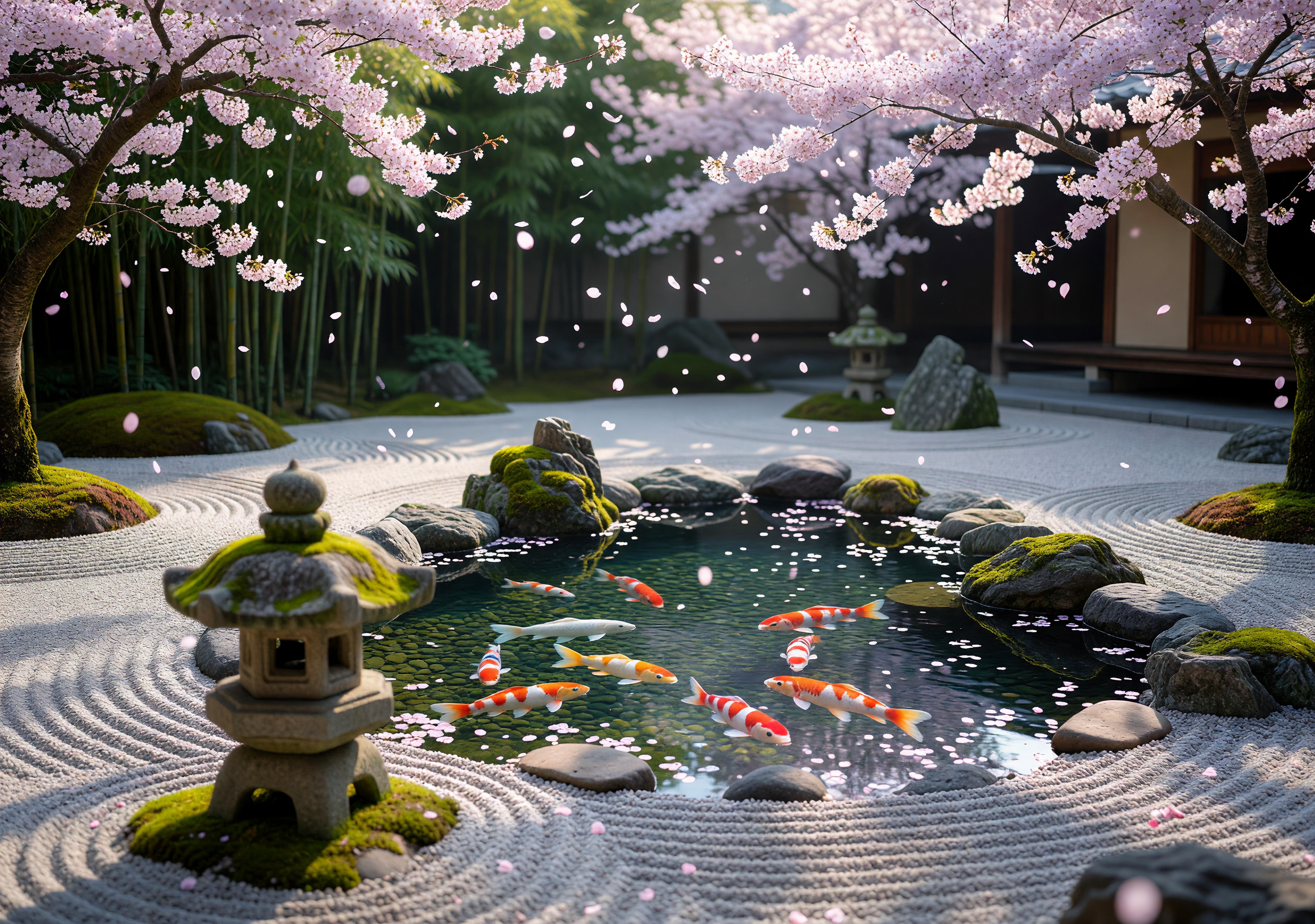 Zen Garden with Koi Pond and Cherry Blossoms