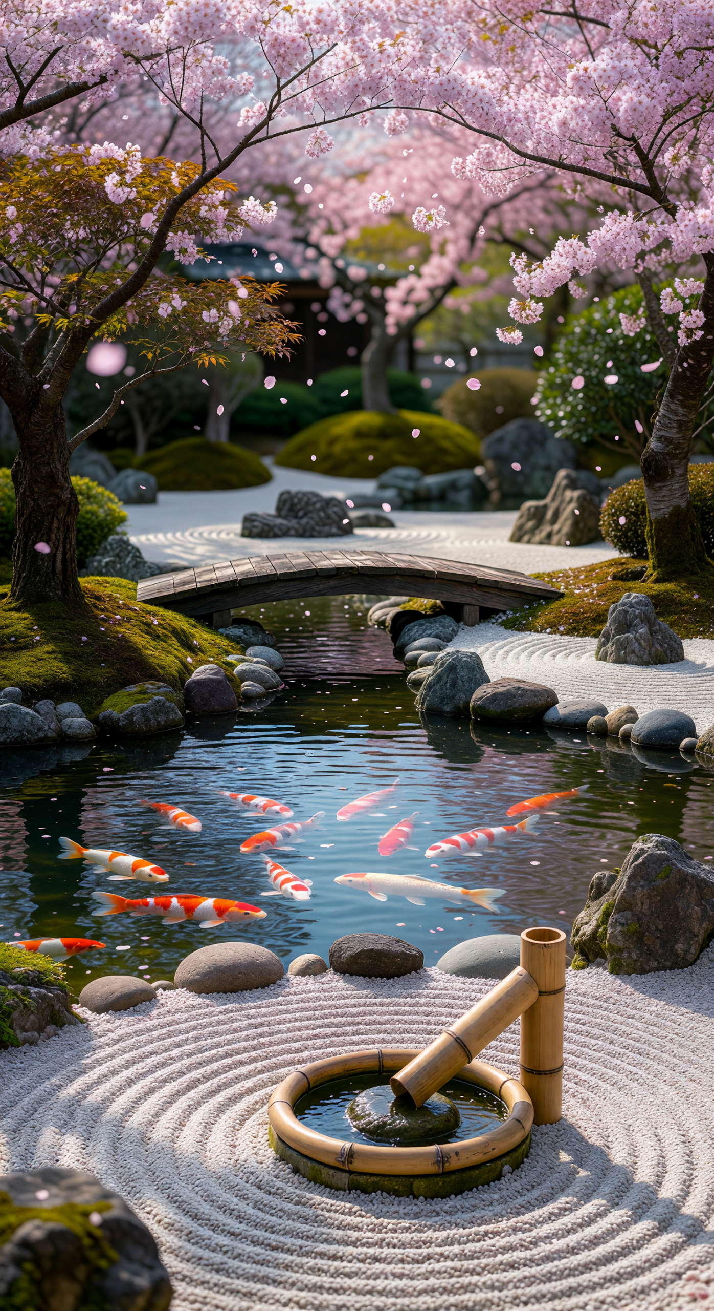Zen Garden with Koi Pond and Cherry Blossoms