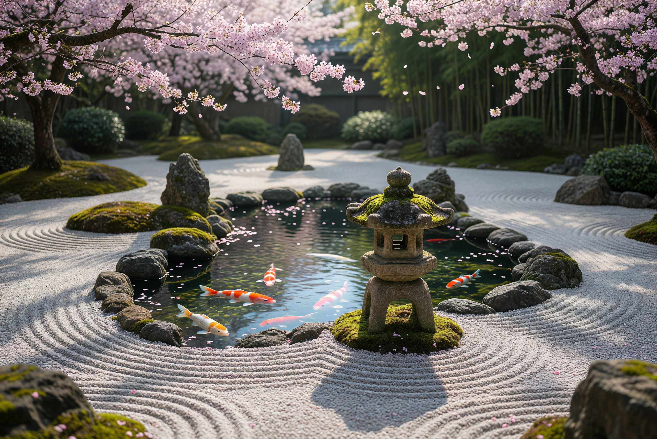 Zen Garden with Koi Pond and Cherry Blossoms