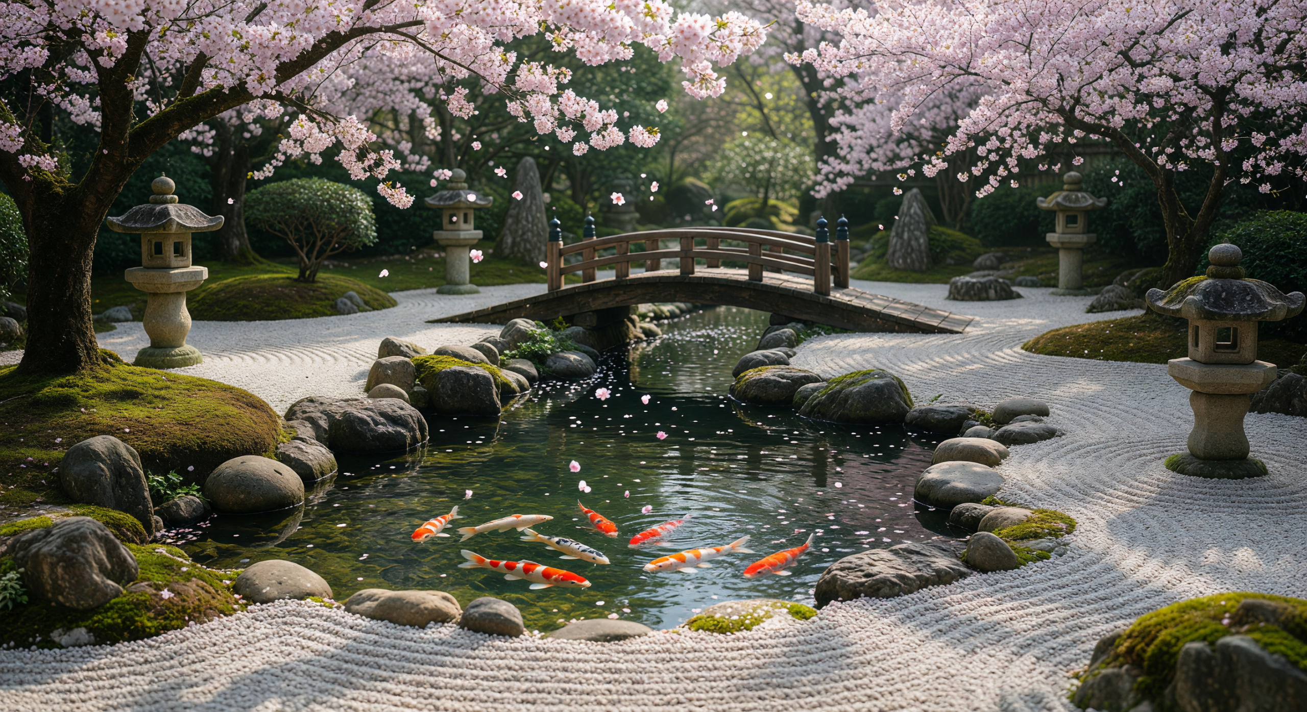 Zen Garden with Koi Pond and Cherry Blossoms