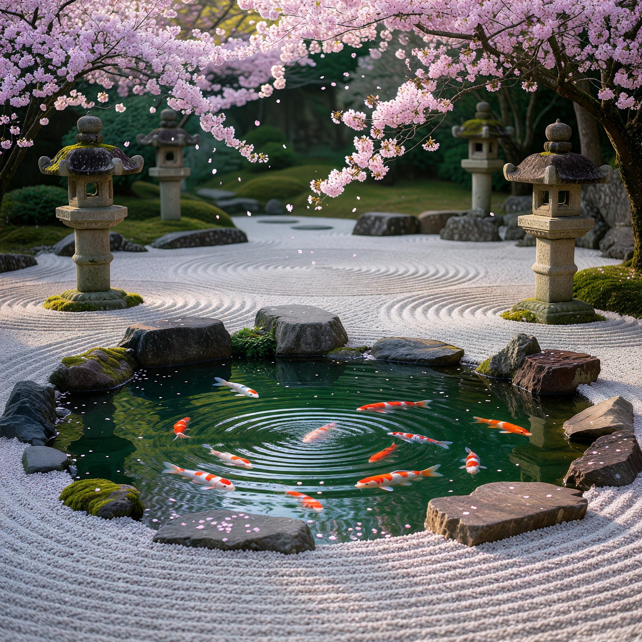 Zen Garden with Koi Pond and Cherry Blossoms