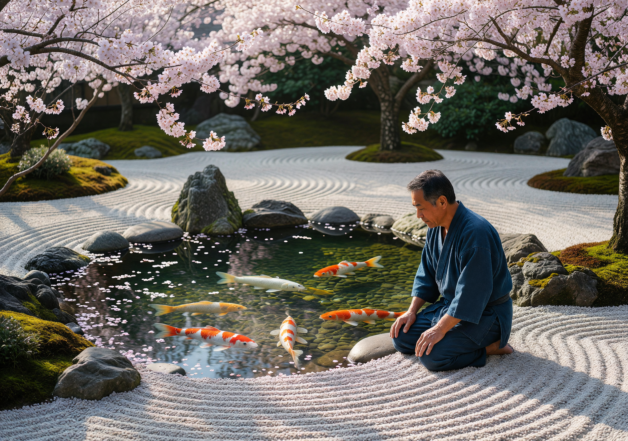 Zen Garden with Koi Pond and Cherry Blossoms