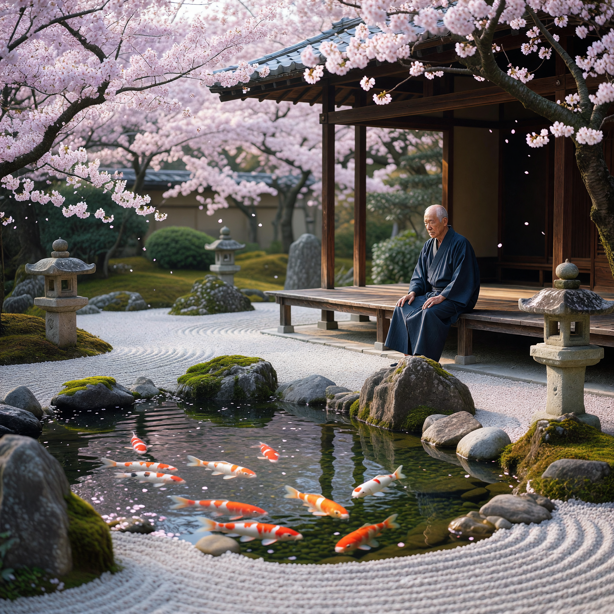 Zen Garden with Koi Pond and Cherry Blossoms