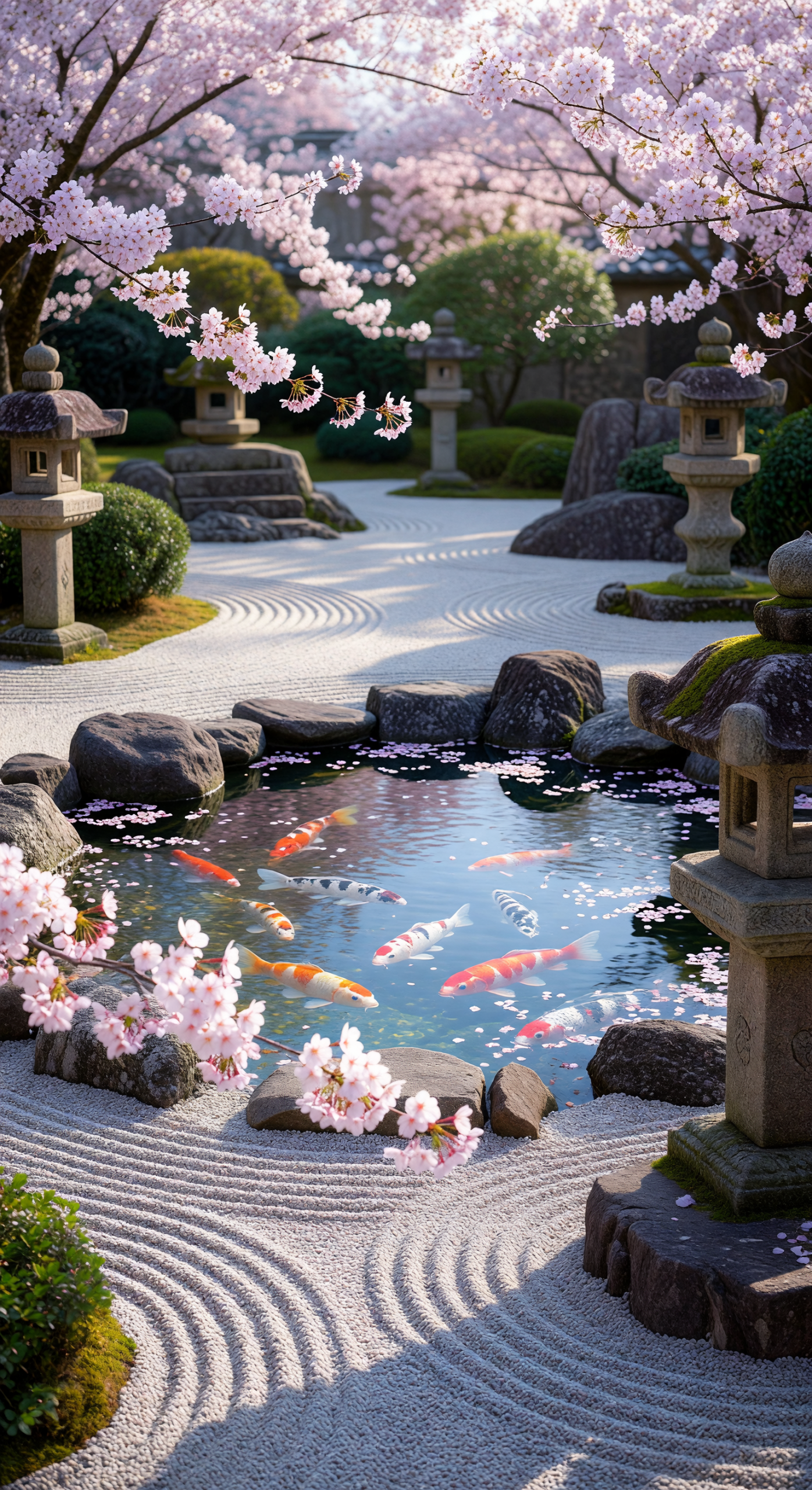 Zen Garden with Koi Pond and Cherry Blossoms