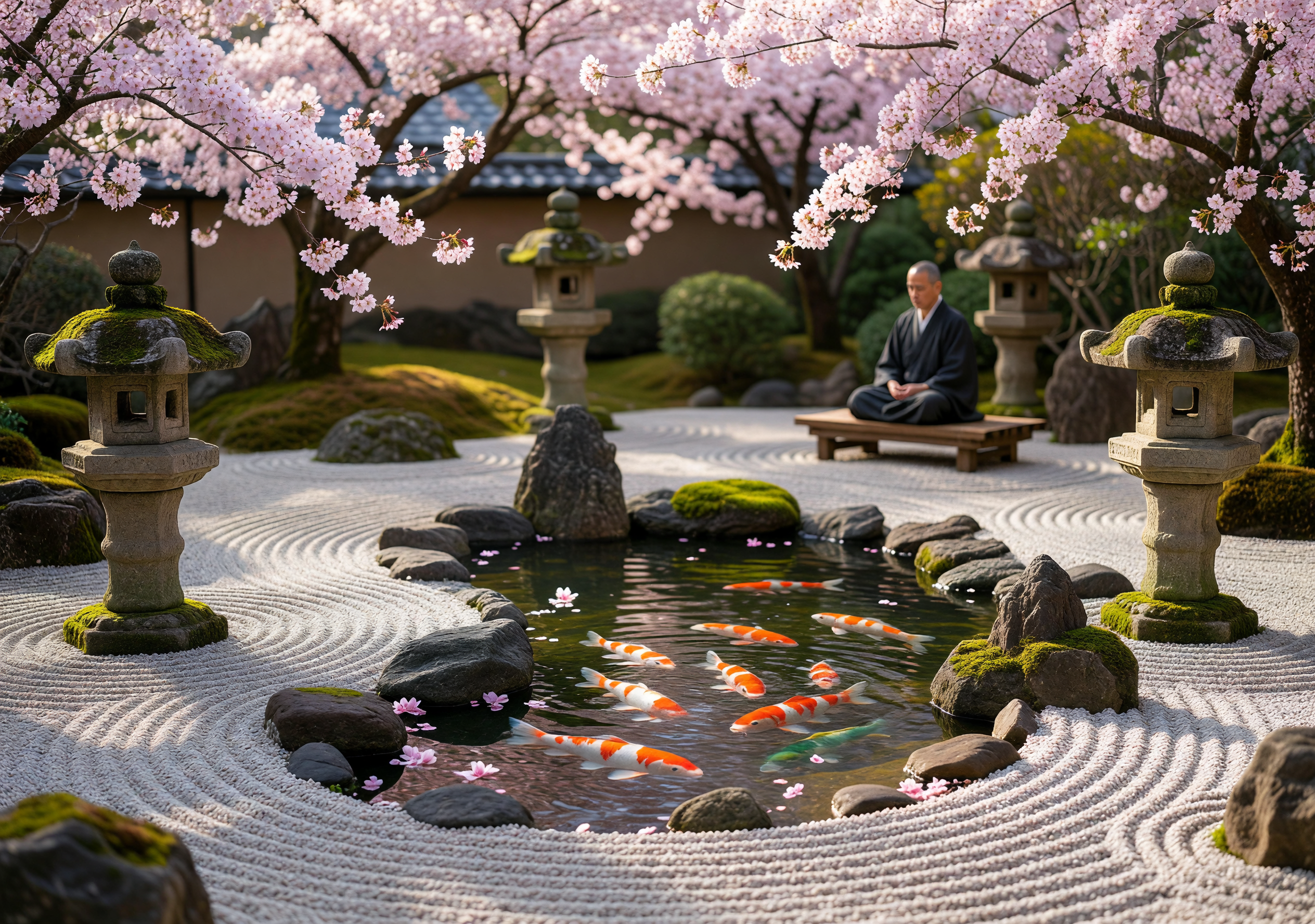 Zen Garden with Koi Pond and Cherry Blossoms