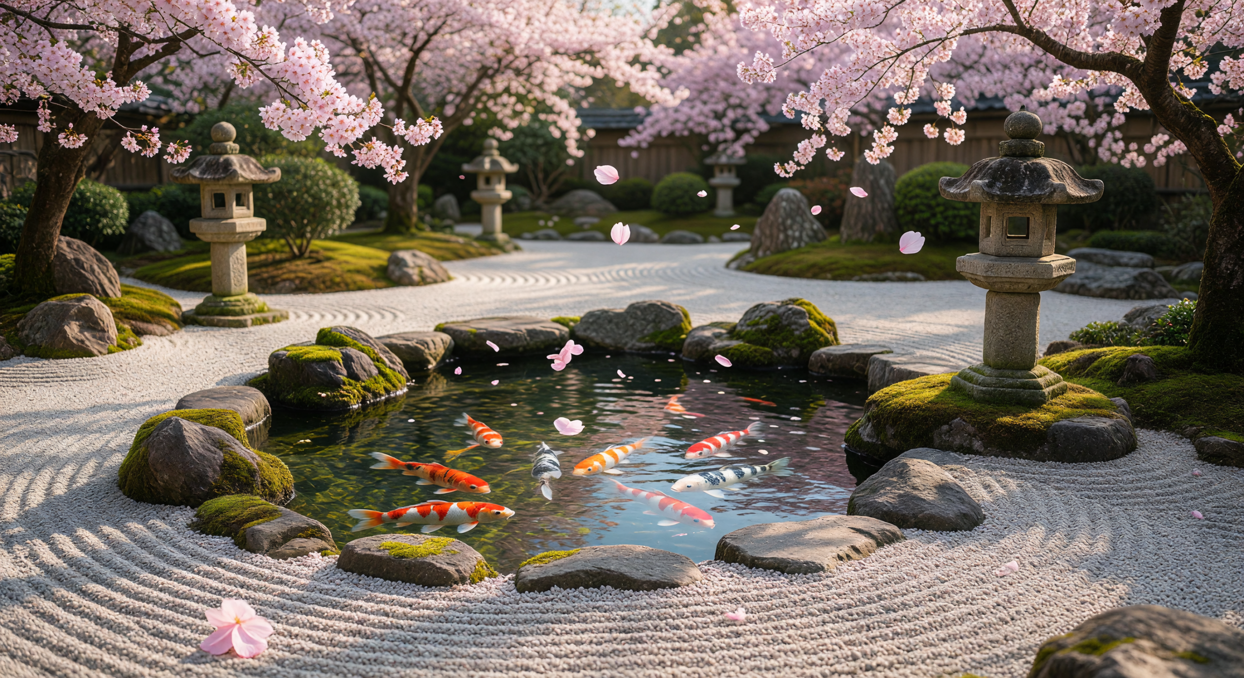 Zen Garden with Koi Pond and Cherry Blossoms