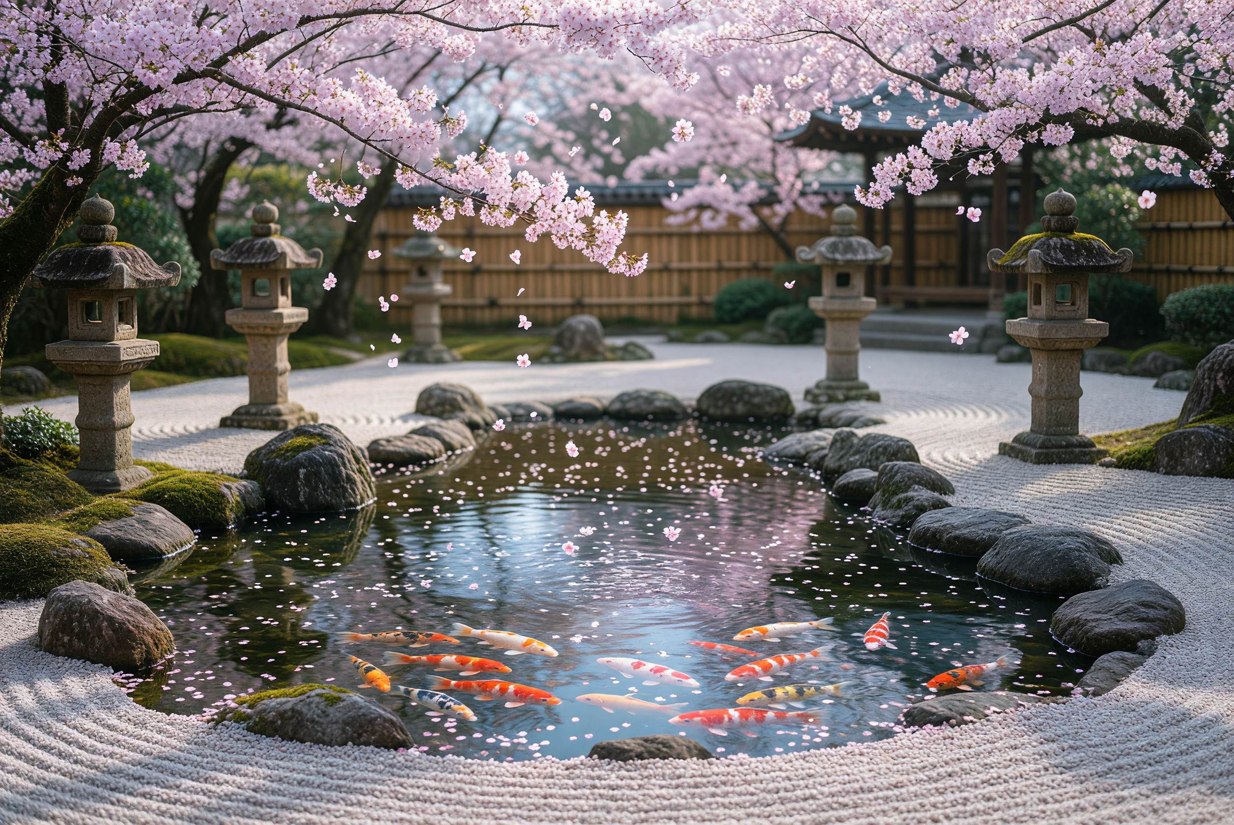 Zen Garden with Koi Pond and Cherry Blossoms