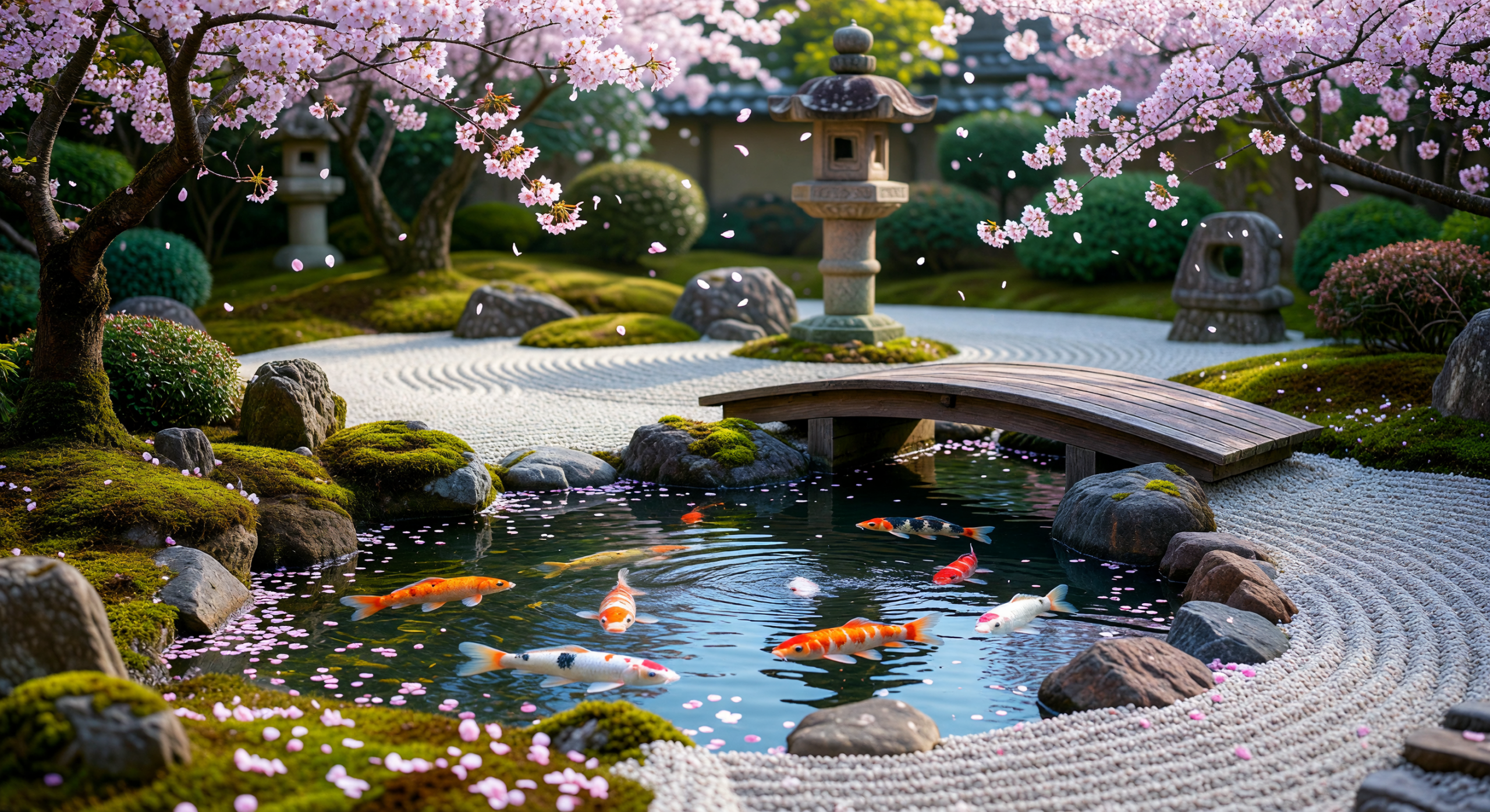 Zen Garden with Koi Pond and Cherry Blossoms