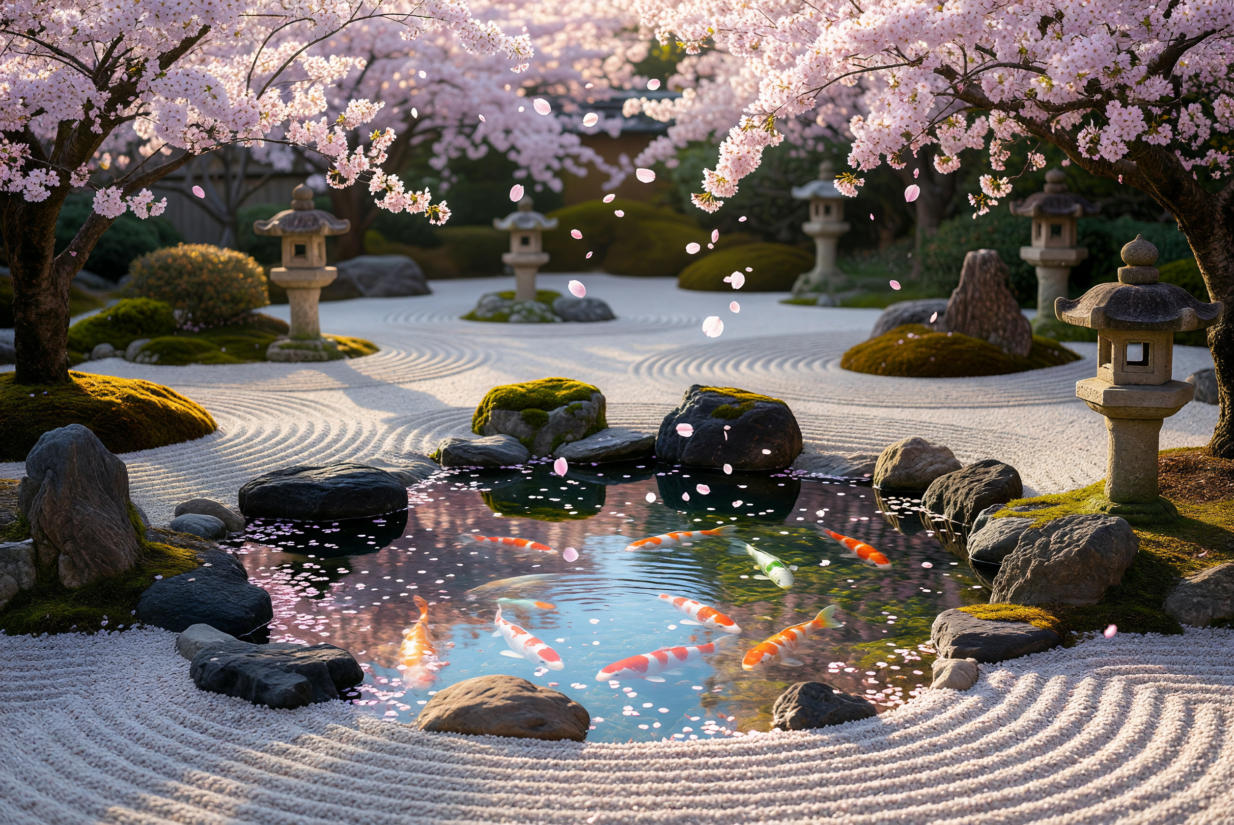 Zen Garden with Koi Pond and Cherry Blossoms
