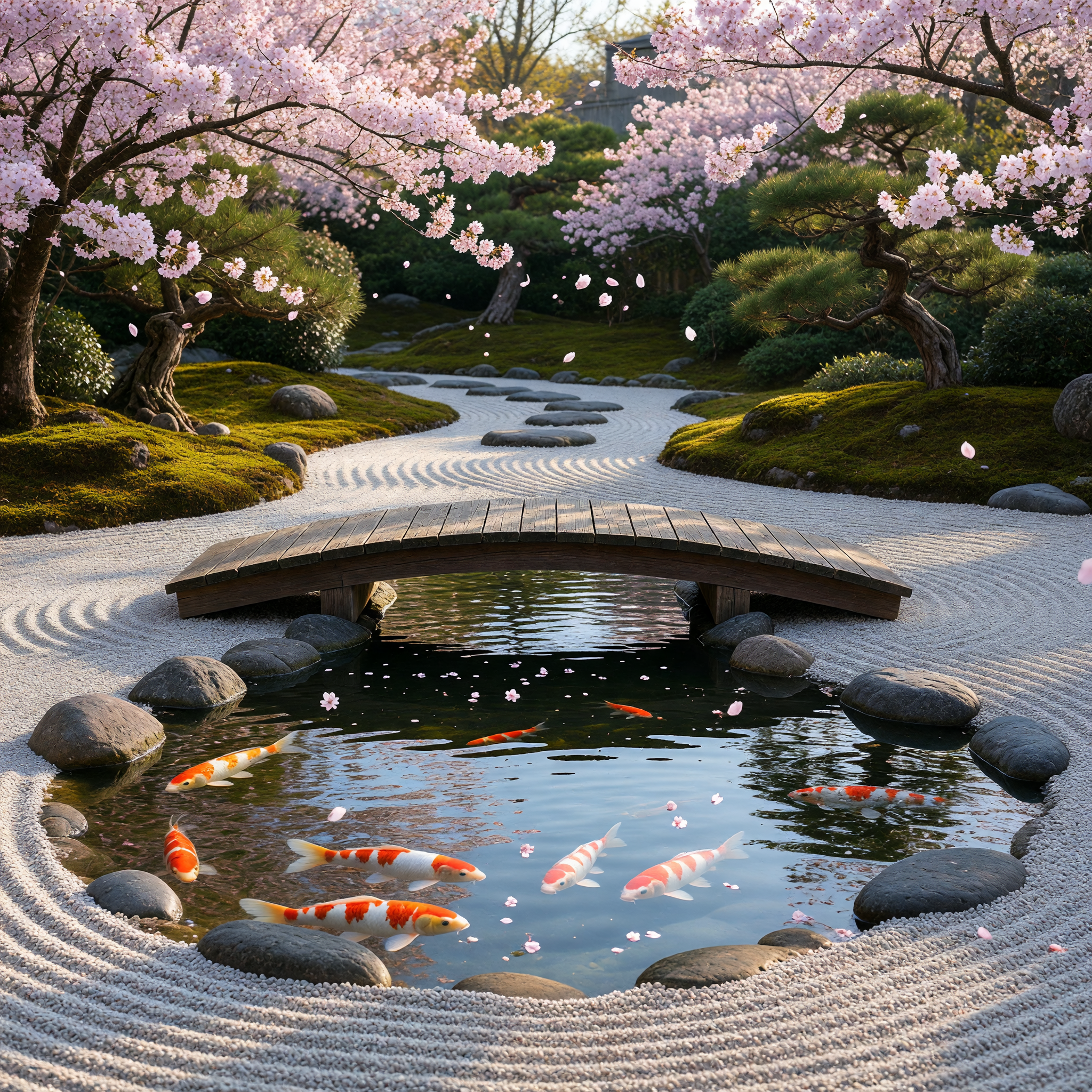 Zen Garden with Koi Pond and Cherry Blossoms