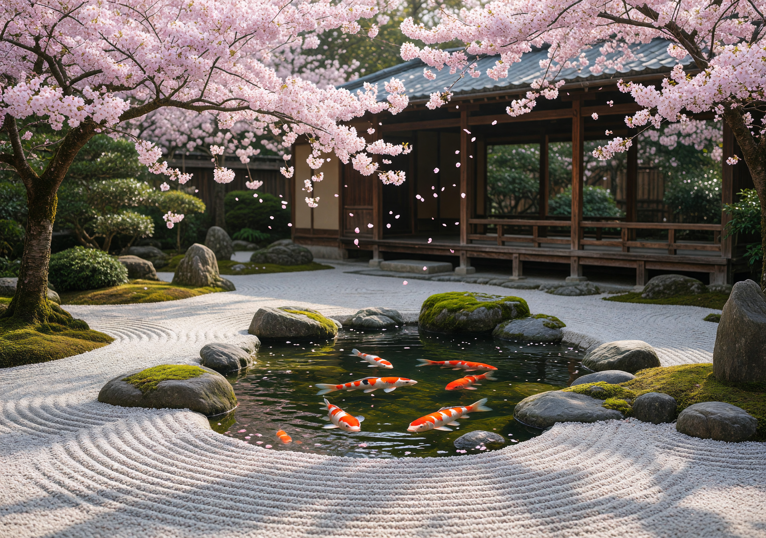 Zen Garden with Koi Pond and Cherry Blossoms