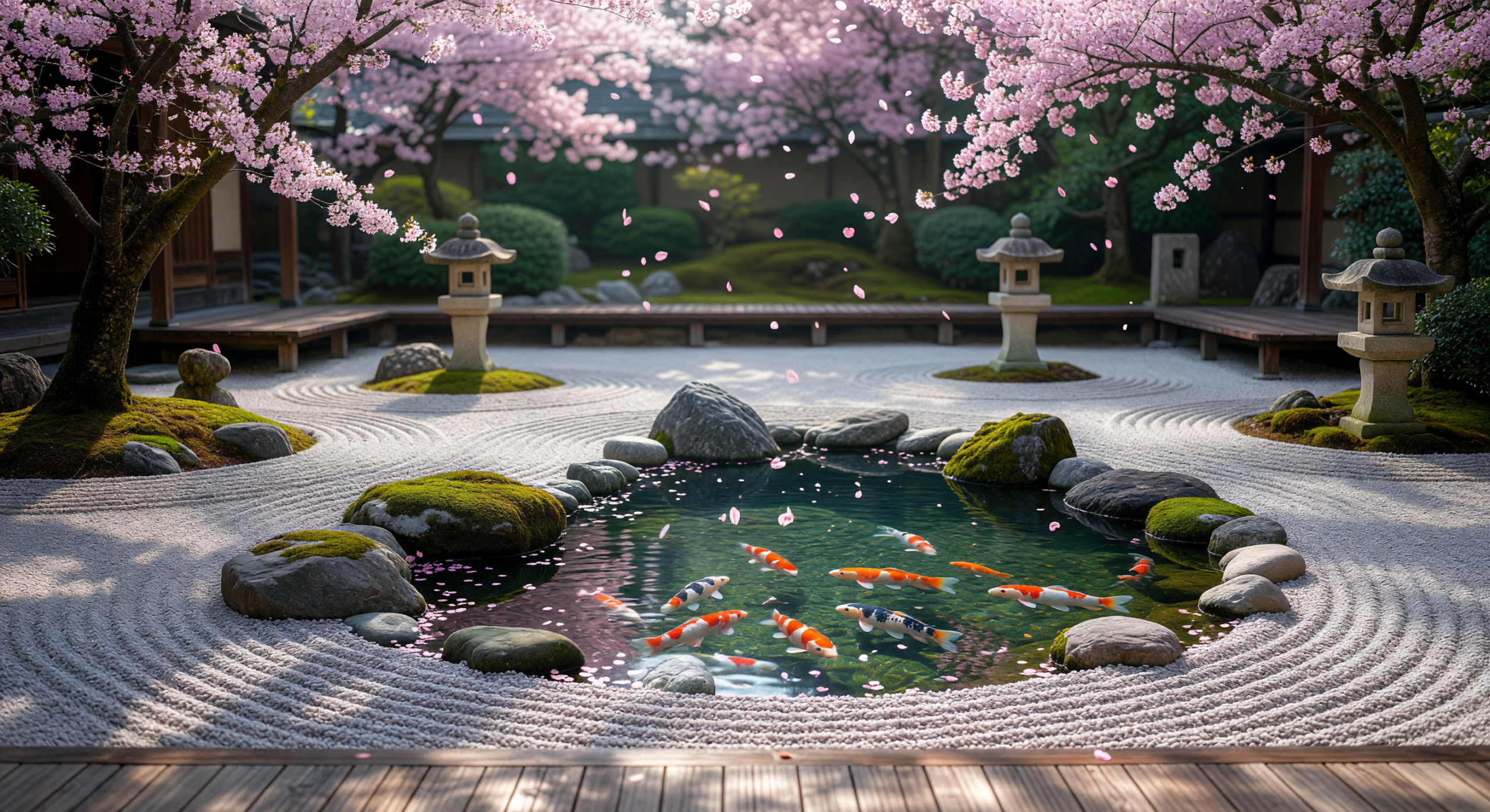 Zen Garden with Koi Pond and Cherry Blossoms