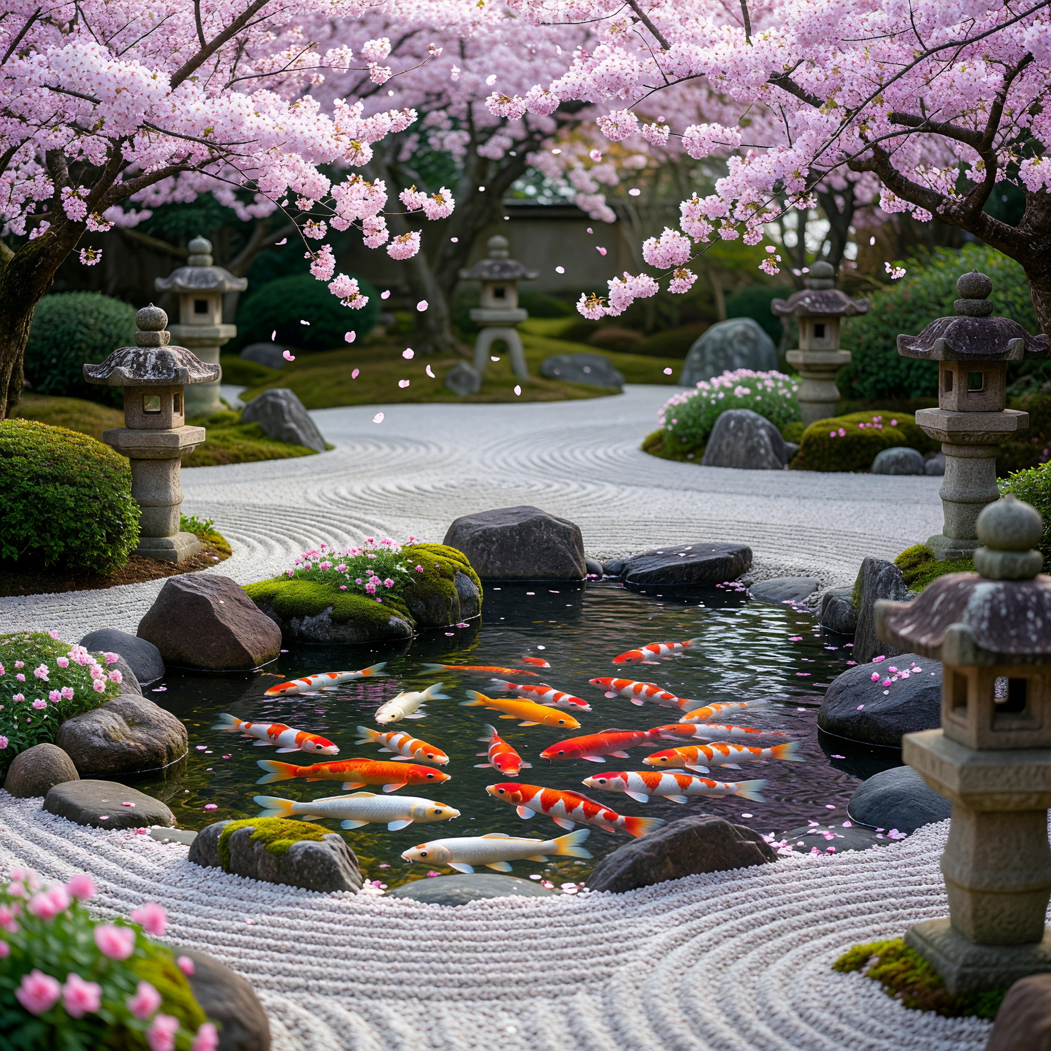 Zen Garden with Koi Pond and Cherry Blossoms