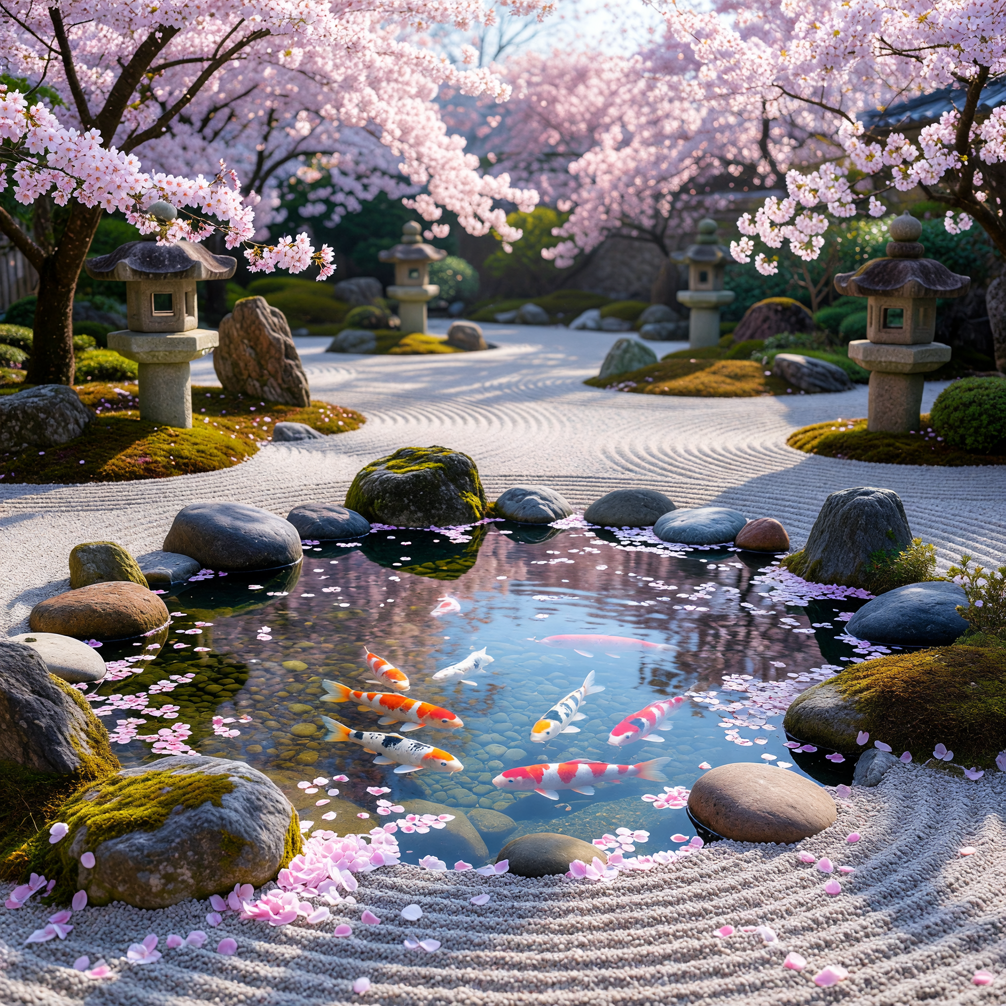Zen Garden with Koi Pond and Cherry Blossoms