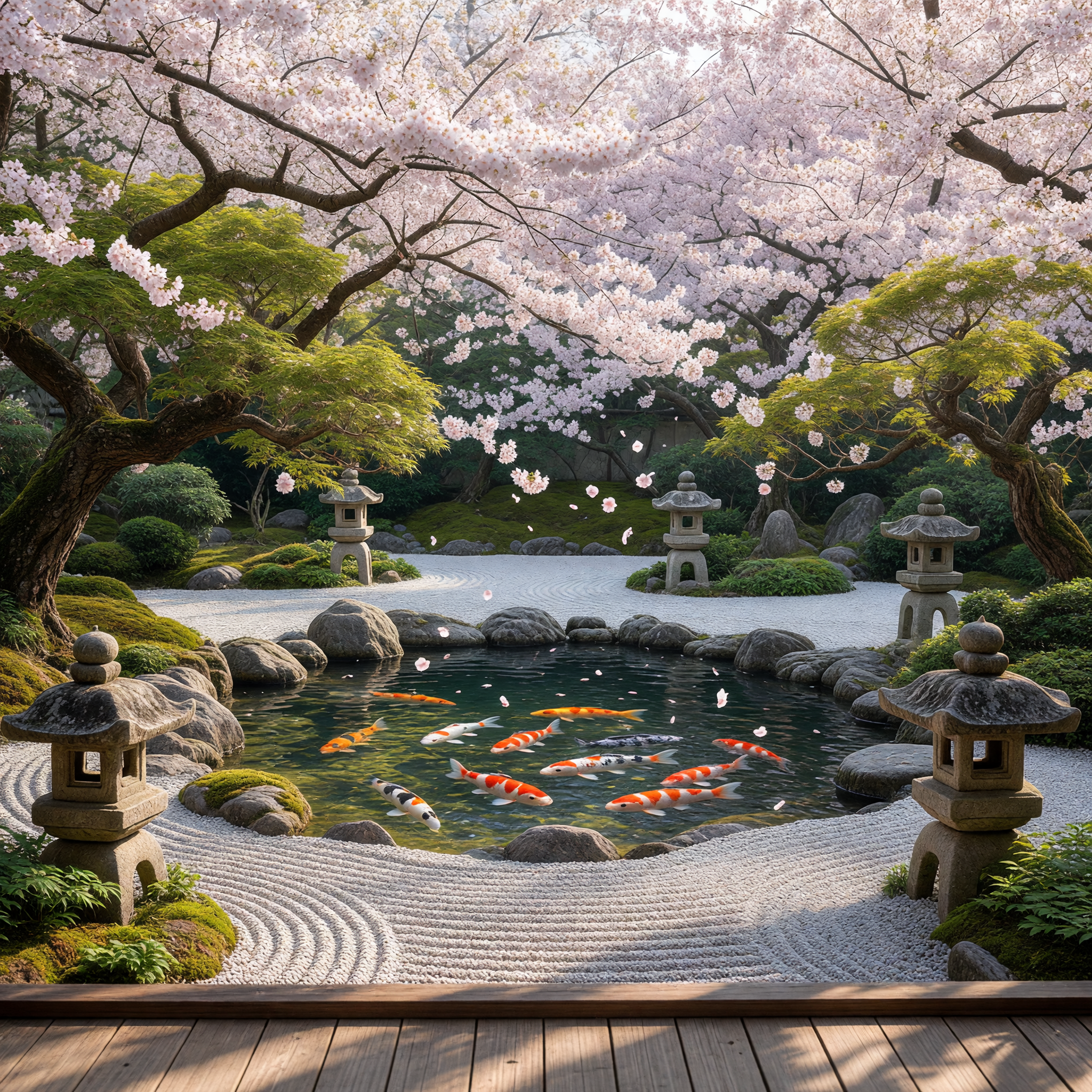 Zen Garden with Koi Pond and Cherry Blossoms in Spring