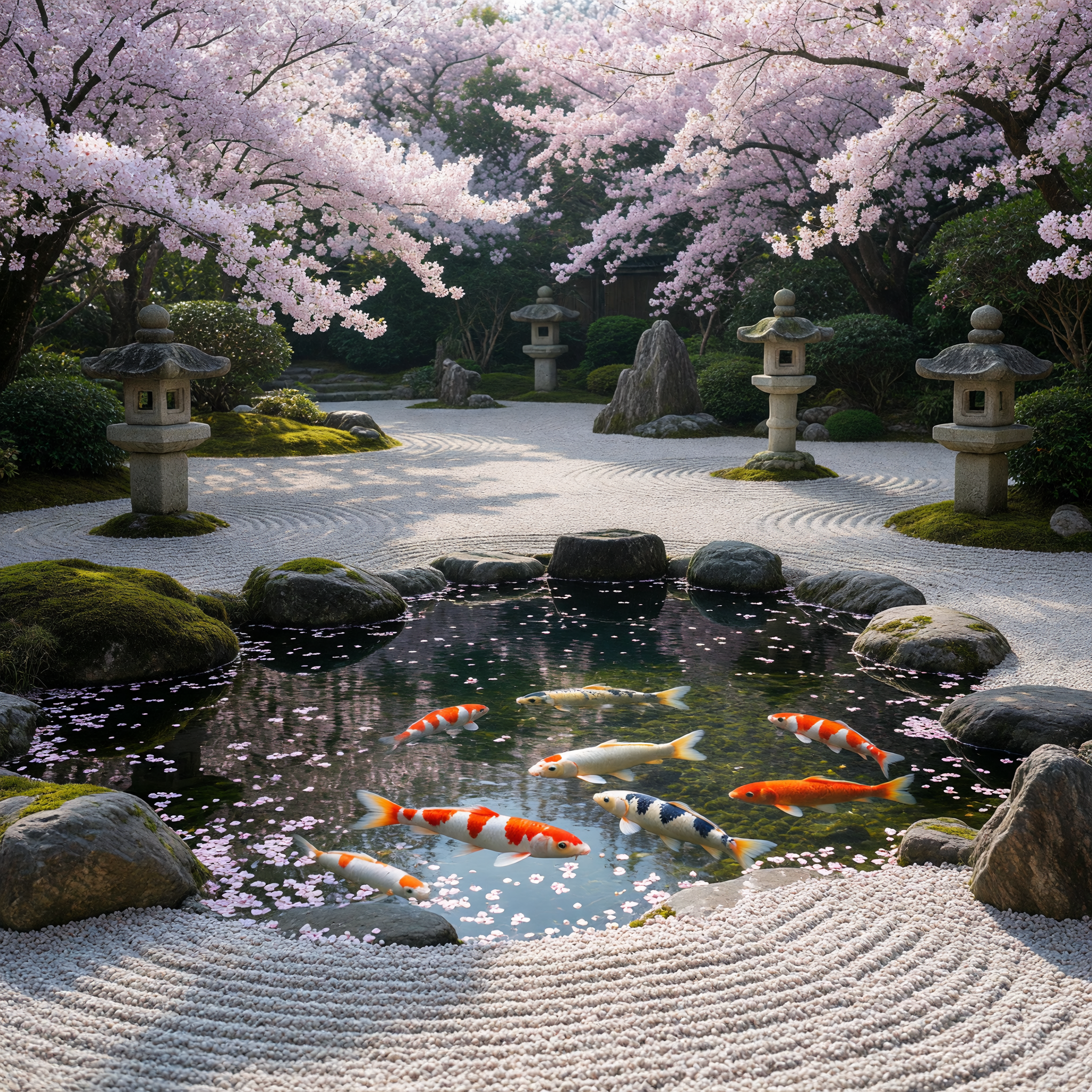 Zen Garden with Koi Pond and Cherry Blossoms in Spring