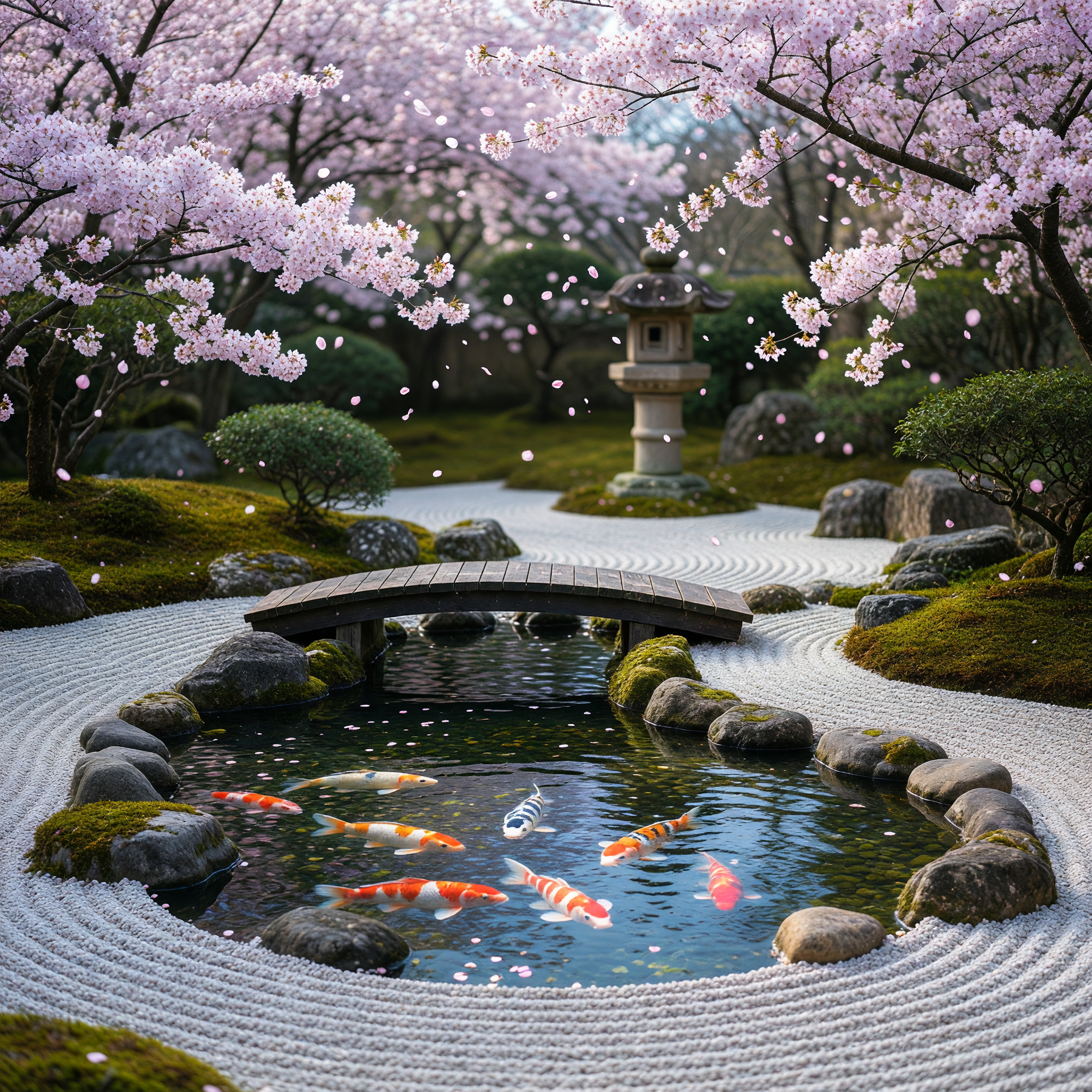 Zen Garden with Koi Pond and Cherry Blossoms in Spring