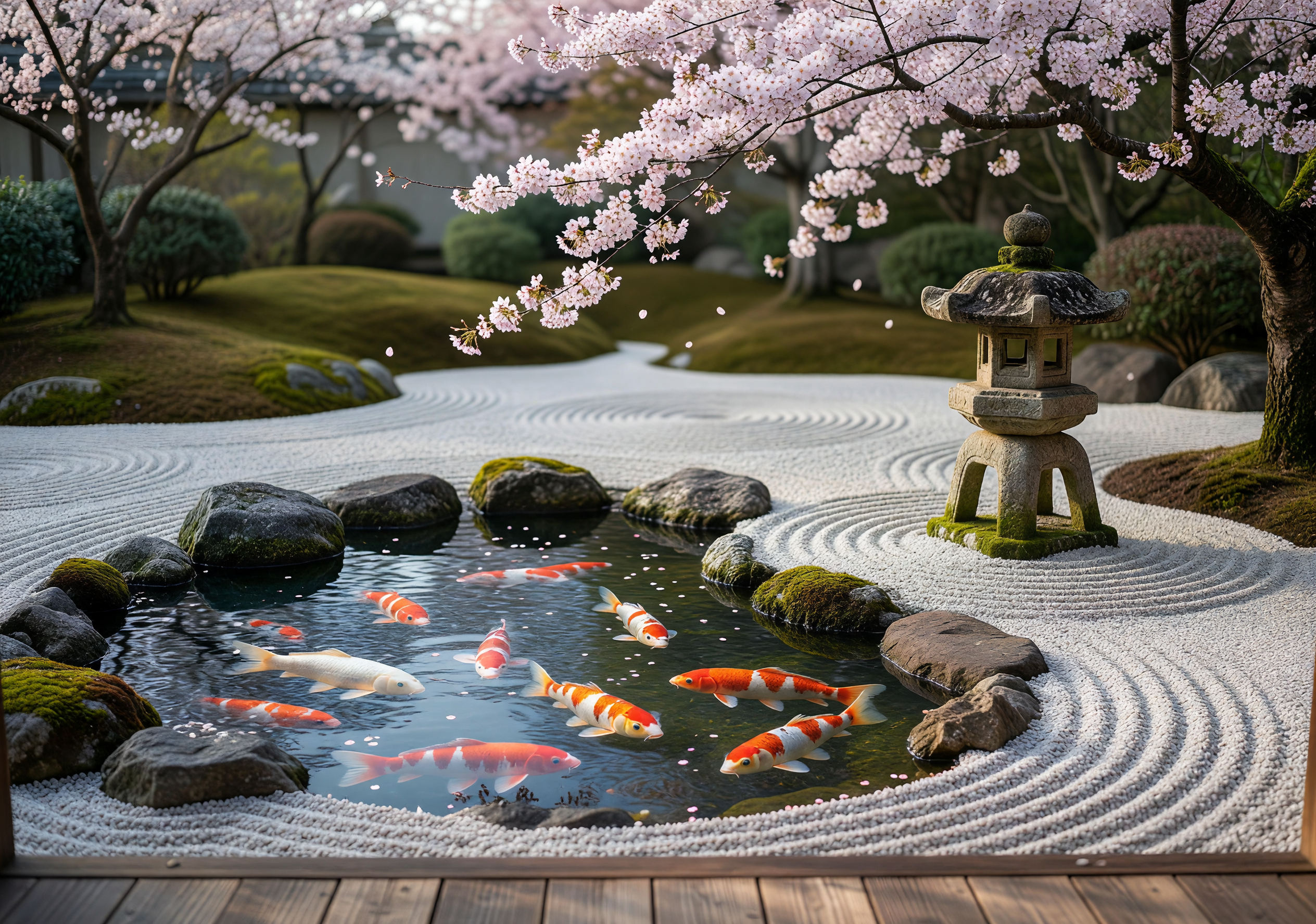 Zen Garden with Koi Pond and Sakura Blossoms